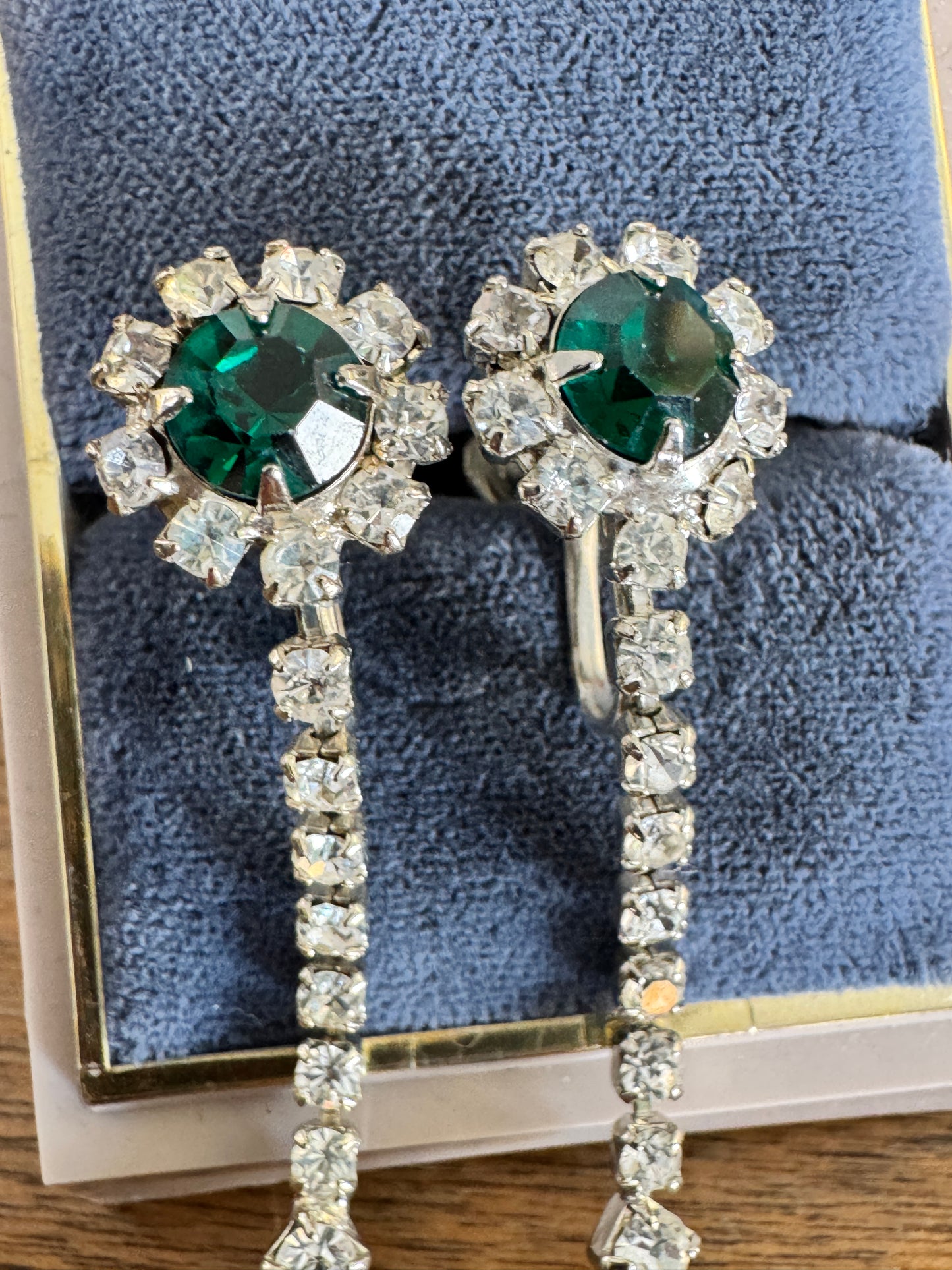 Vintage Dangling Emerald Green and Clear Rhinestone Earrings