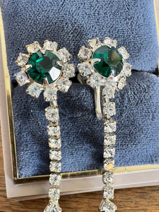 Vintage Dangling Emerald Green and Clear Rhinestone Earrings