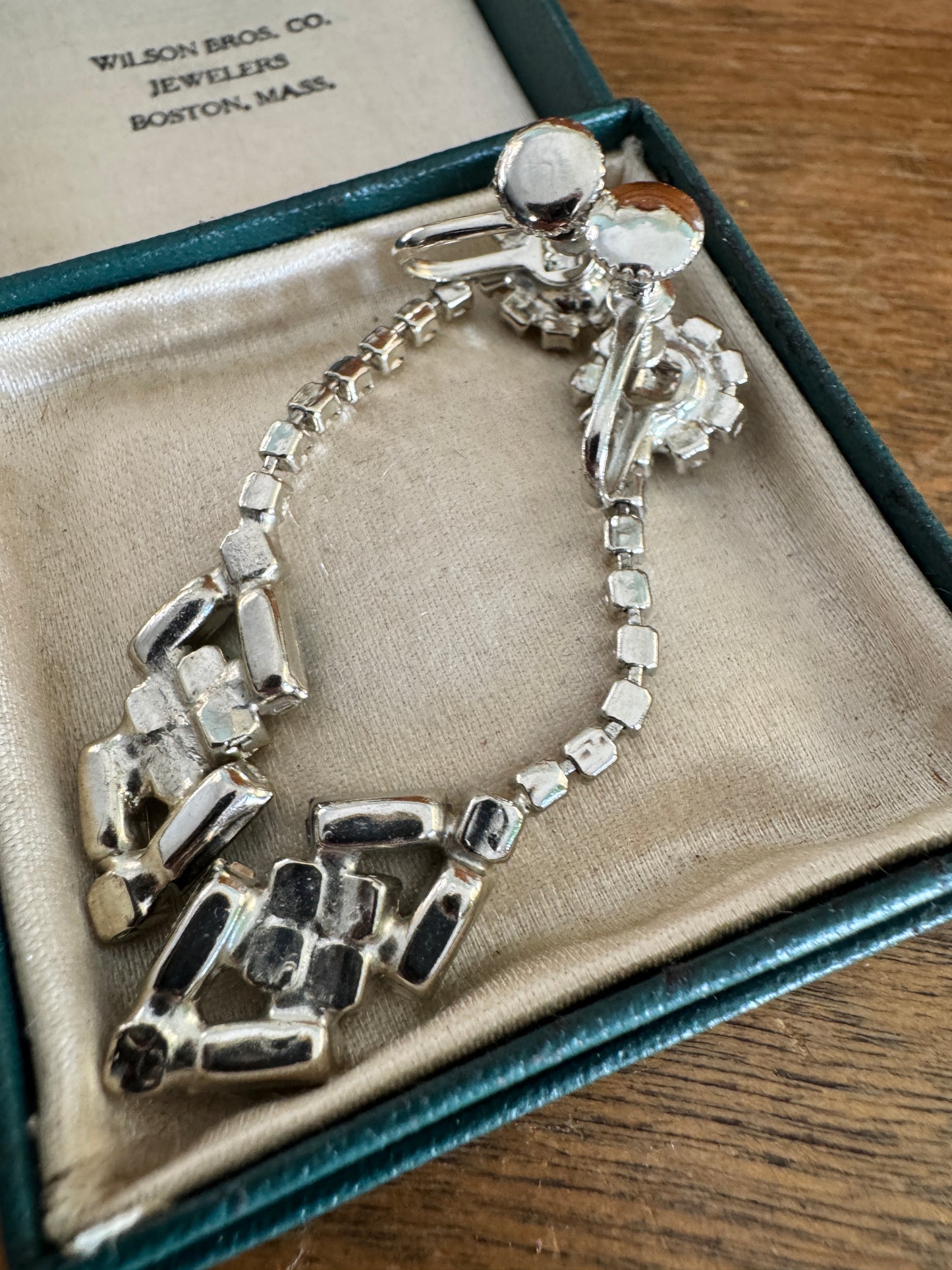 Vintage Dangling Emerald Green and Clear Rhinestone Earrings