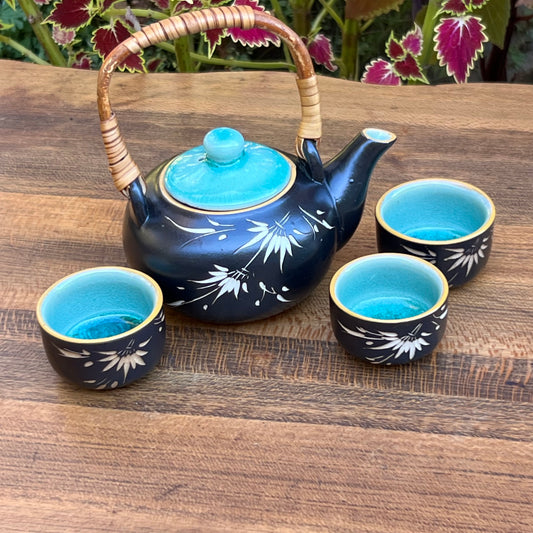 Vintage Bat Trang Vietnamese Carved Pottery Tea Set 3 Cups