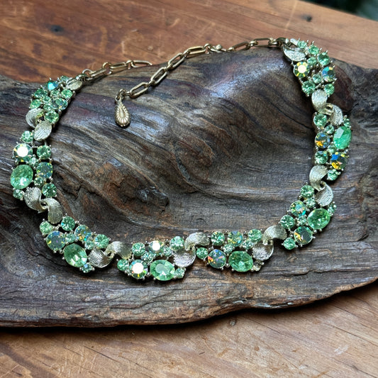Vintage Lisner Rhinestone Necklace – Soft Green Aurora Borealis Book Piece, 1950s Gold Tone