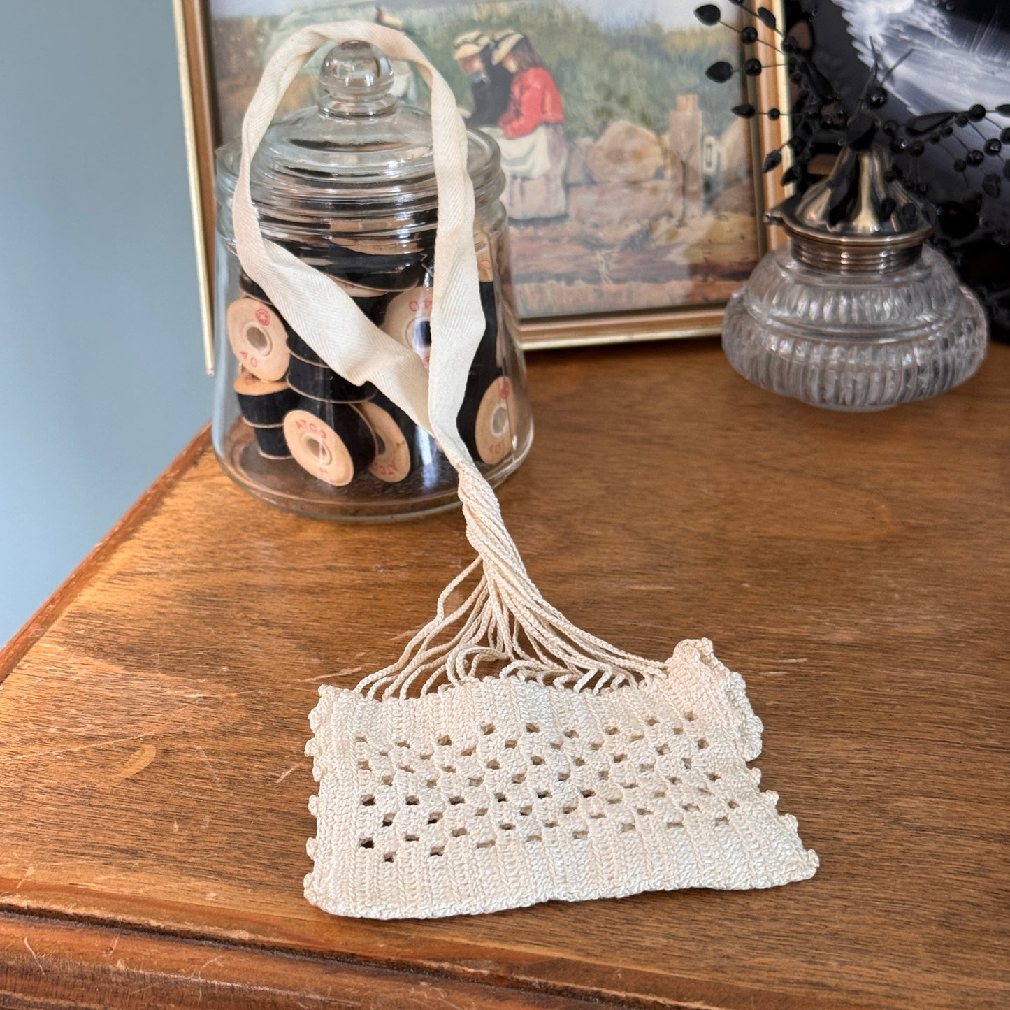 Antique Victorian Soft White Crochet Finger Purse