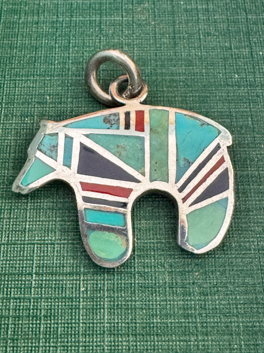 Sterling Silver Hardstone Inlay Native American Bear Pendant