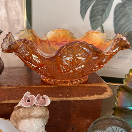Marigold Ruffled Edge Carnival Glass Bowl