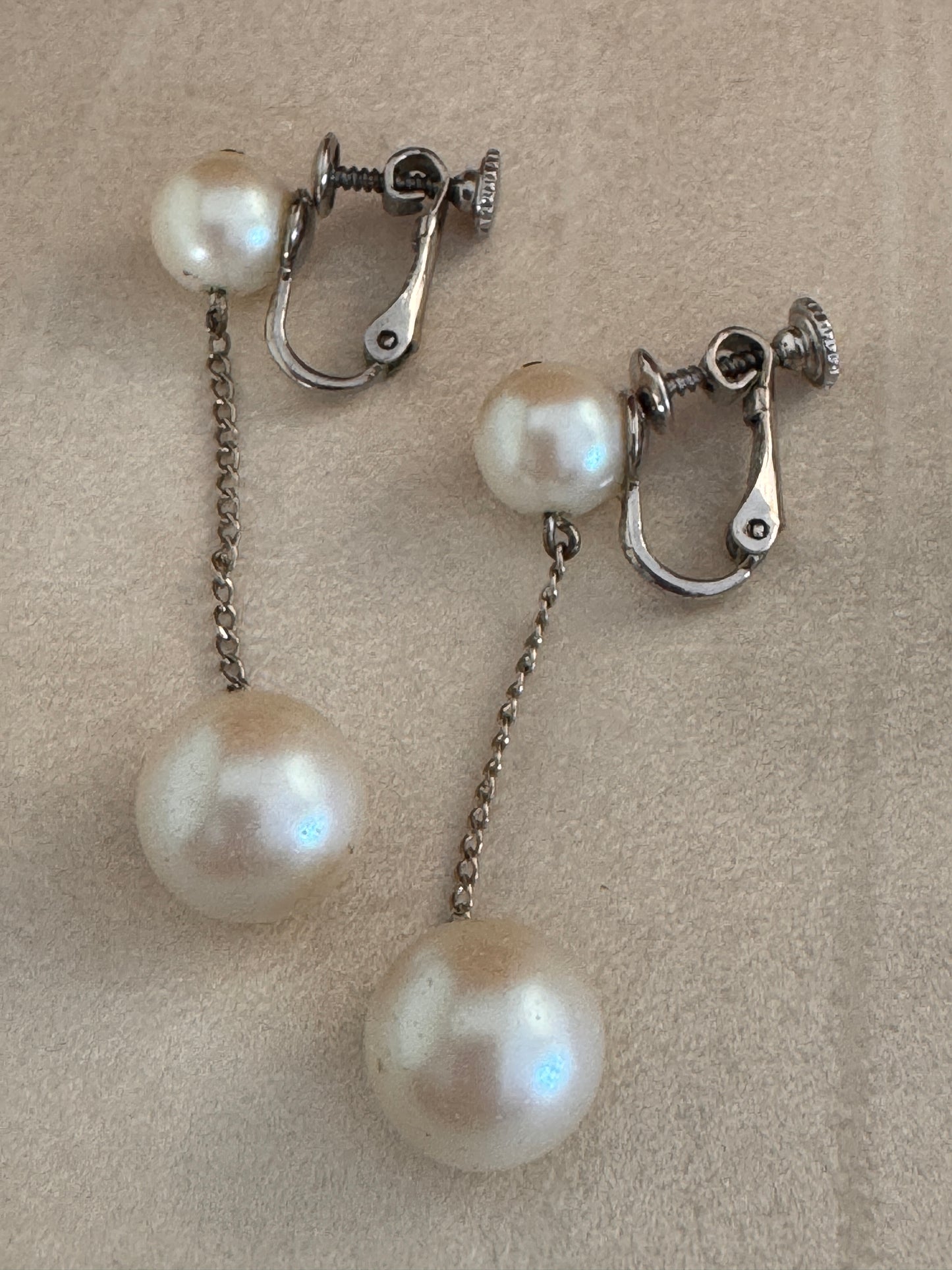 60's Sterling Silver Dangling Faux Pearl Earrings