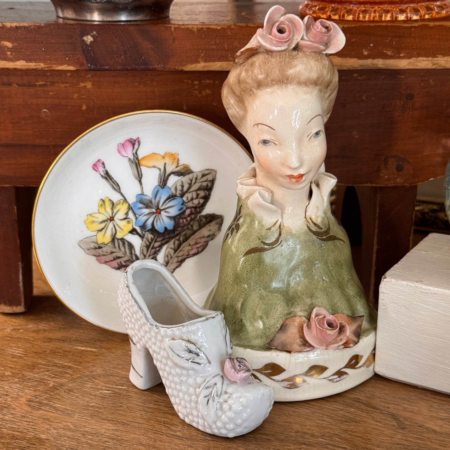 Vintage Cordey Victorian Woman Figurine, Minton Plate, Japan Shoe Collection