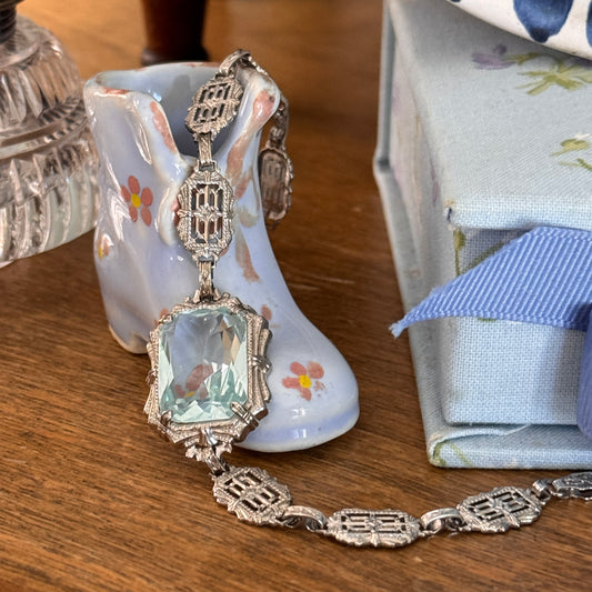 Art Deco Blue Topaz Glass Sterling Silver Bracelet