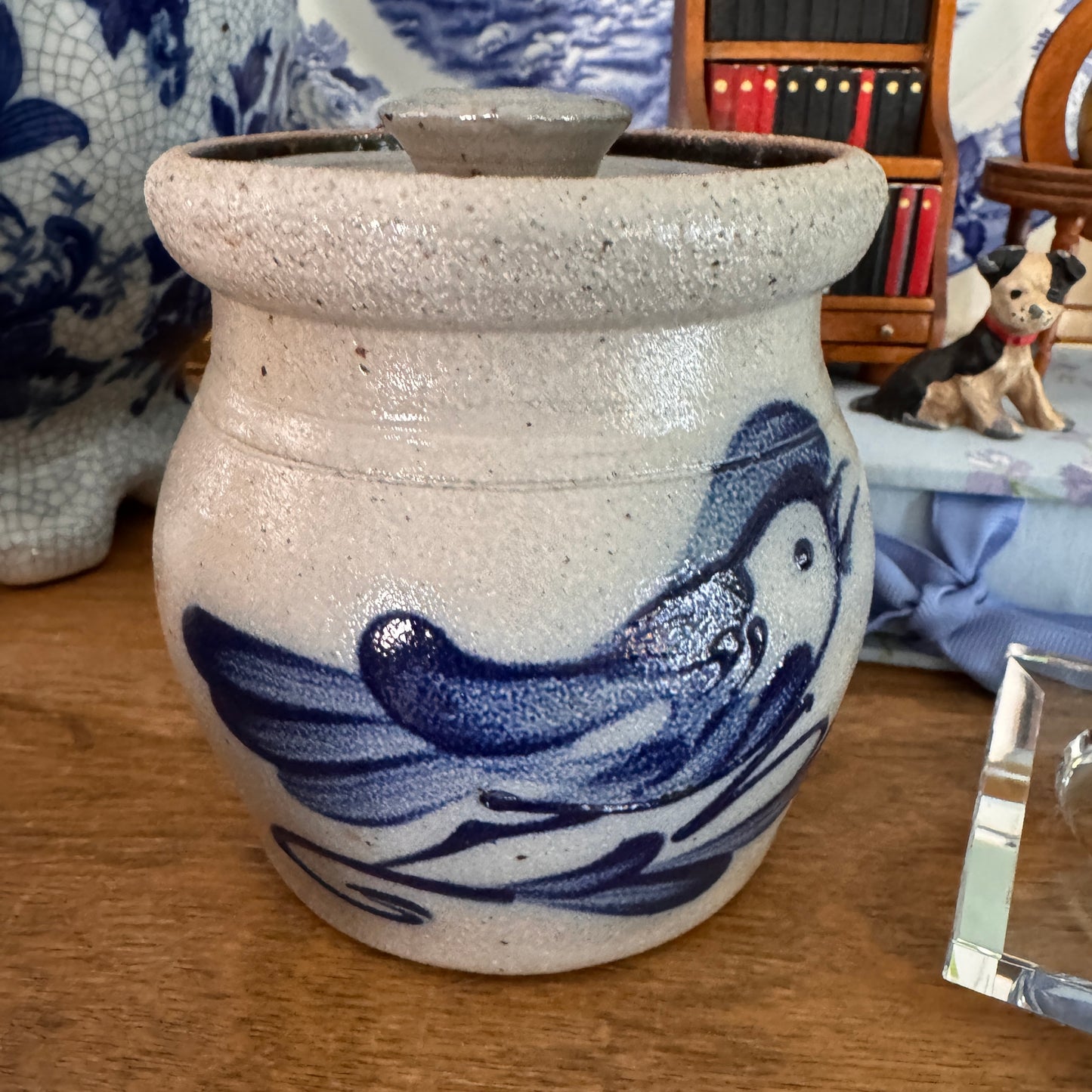 Rowe Pottery Works Bluebird Salt Glazed Small Lidded Crock Sugar Bowl 1989