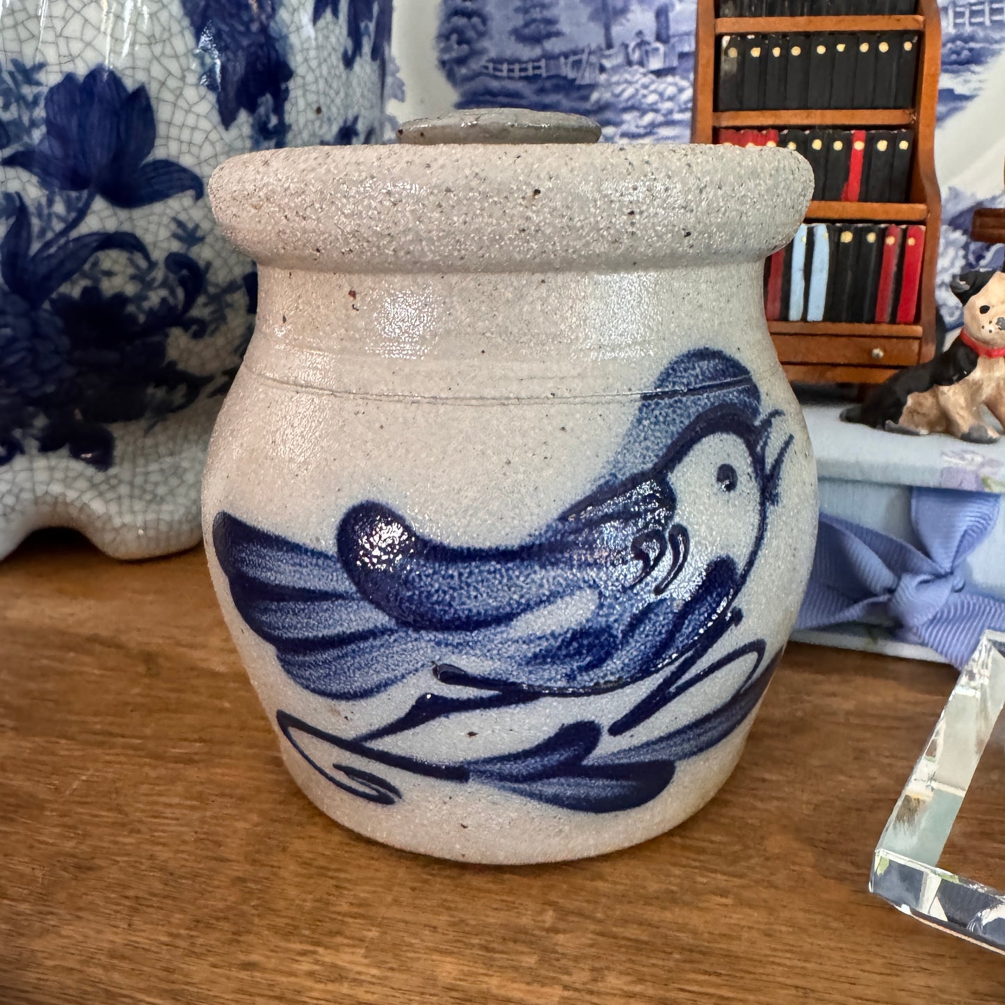 Rowe Pottery Works Bluebird Salt Glazed Small Lidded Crock Sugar Bowl 1989