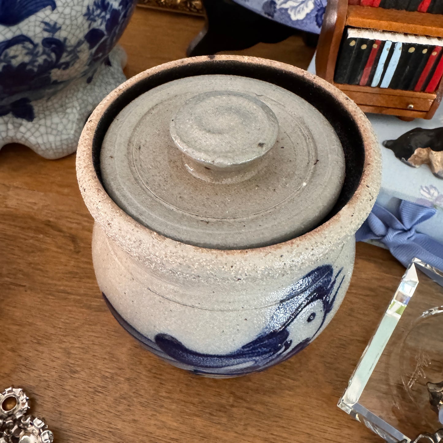 Rowe Pottery Works Bluebird Salt Glazed Small Lidded Crock Sugar Bowl 1989