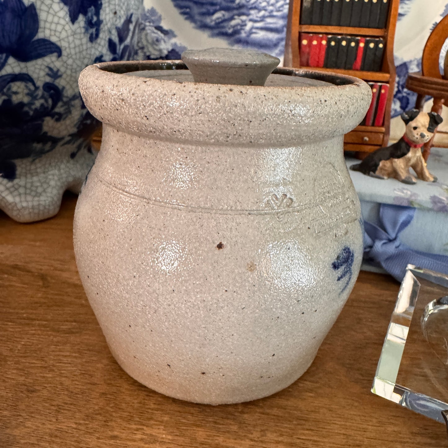 Rowe Pottery Works Bluebird Salt Glazed Small Lidded Crock Sugar Bowl 1989
