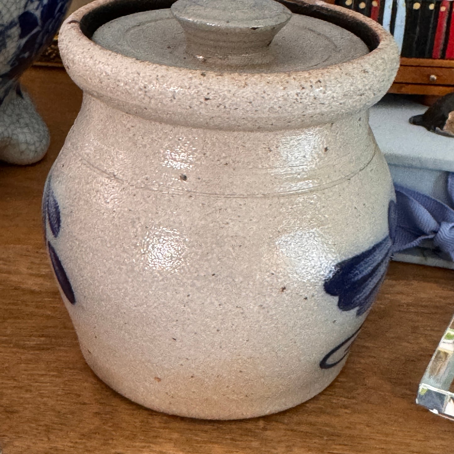 Rowe Pottery Works Bluebird Salt Glazed Small Lidded Crock Sugar Bowl 1989