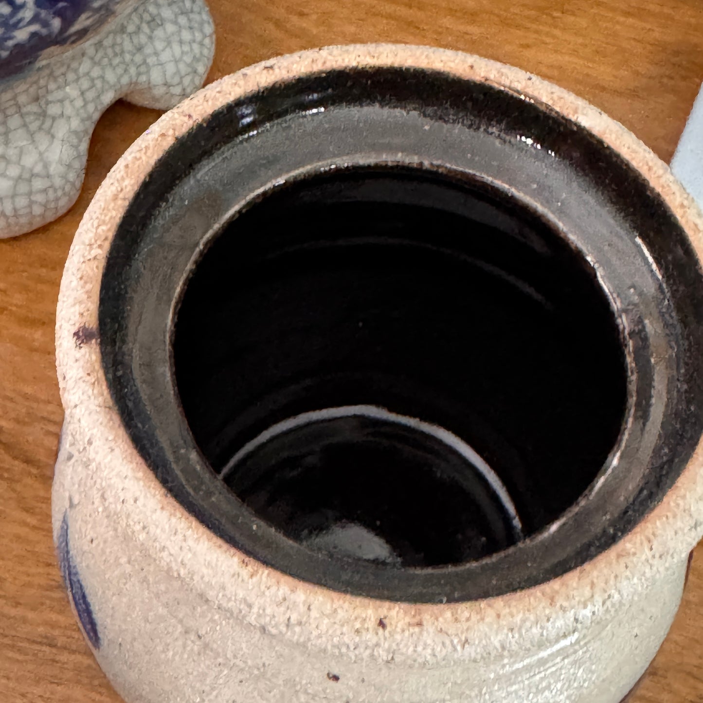 Rowe Pottery Works Bluebird Salt Glazed Small Lidded Crock Sugar Bowl 1989