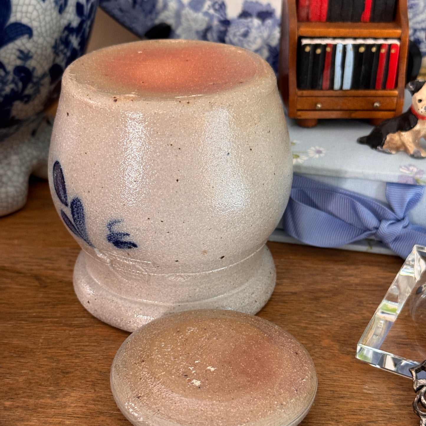 Rowe Pottery Works Bluebird Salt Glazed Small Lidded Crock Sugar Bowl 1989