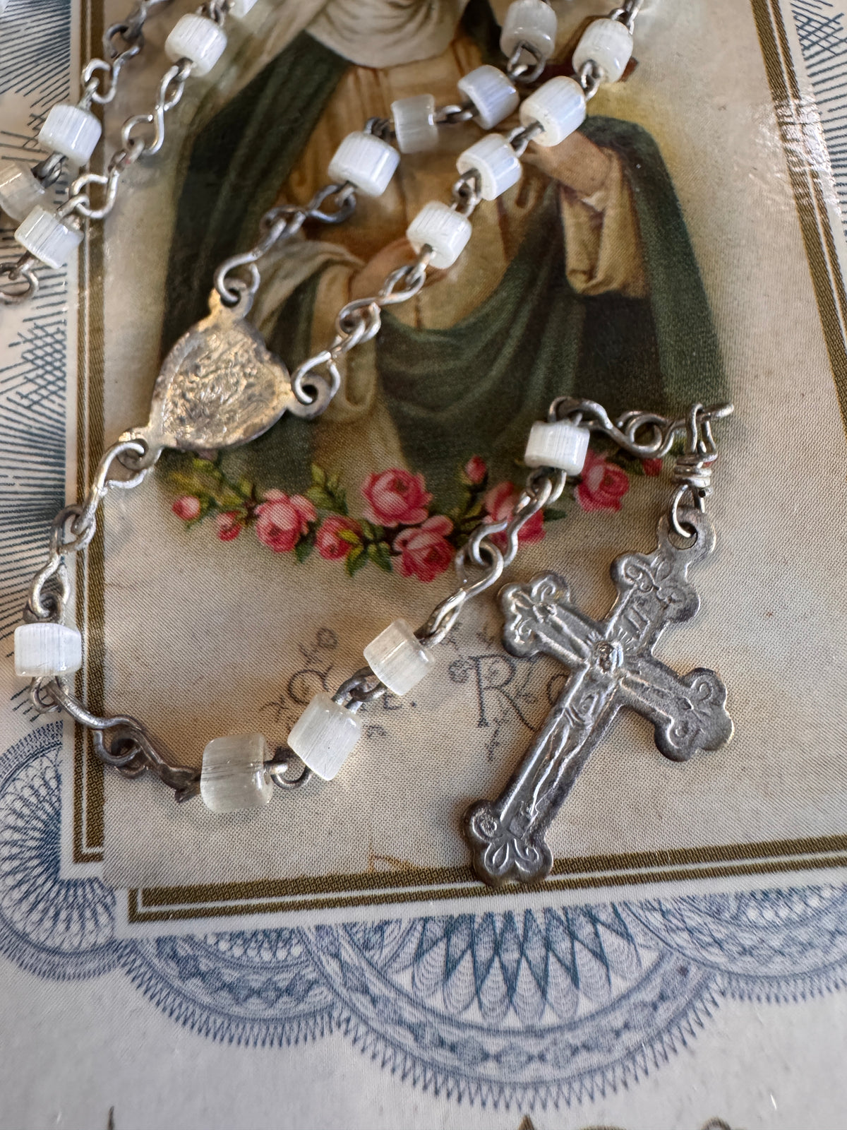 Miniature Mother of Pearl & Aluminum Rosary with Blue and White Case