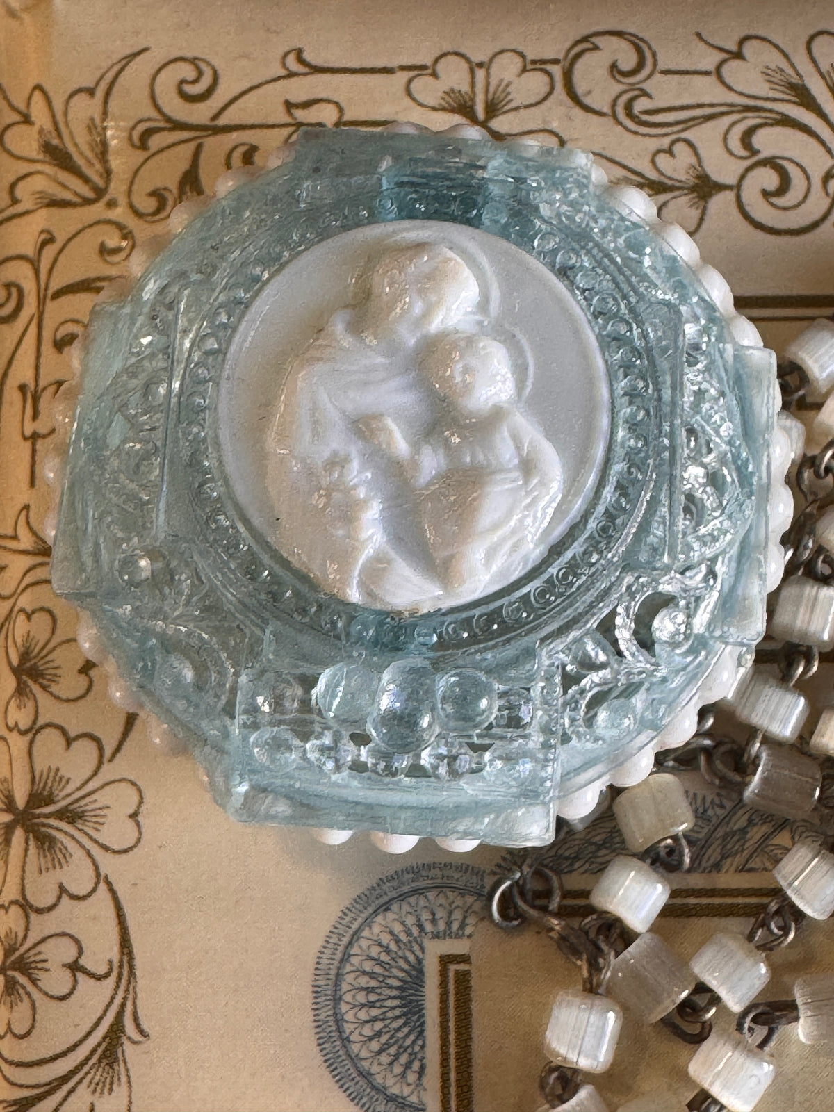 Miniature Mother of Pearl & Aluminum Rosary with Blue and White Case