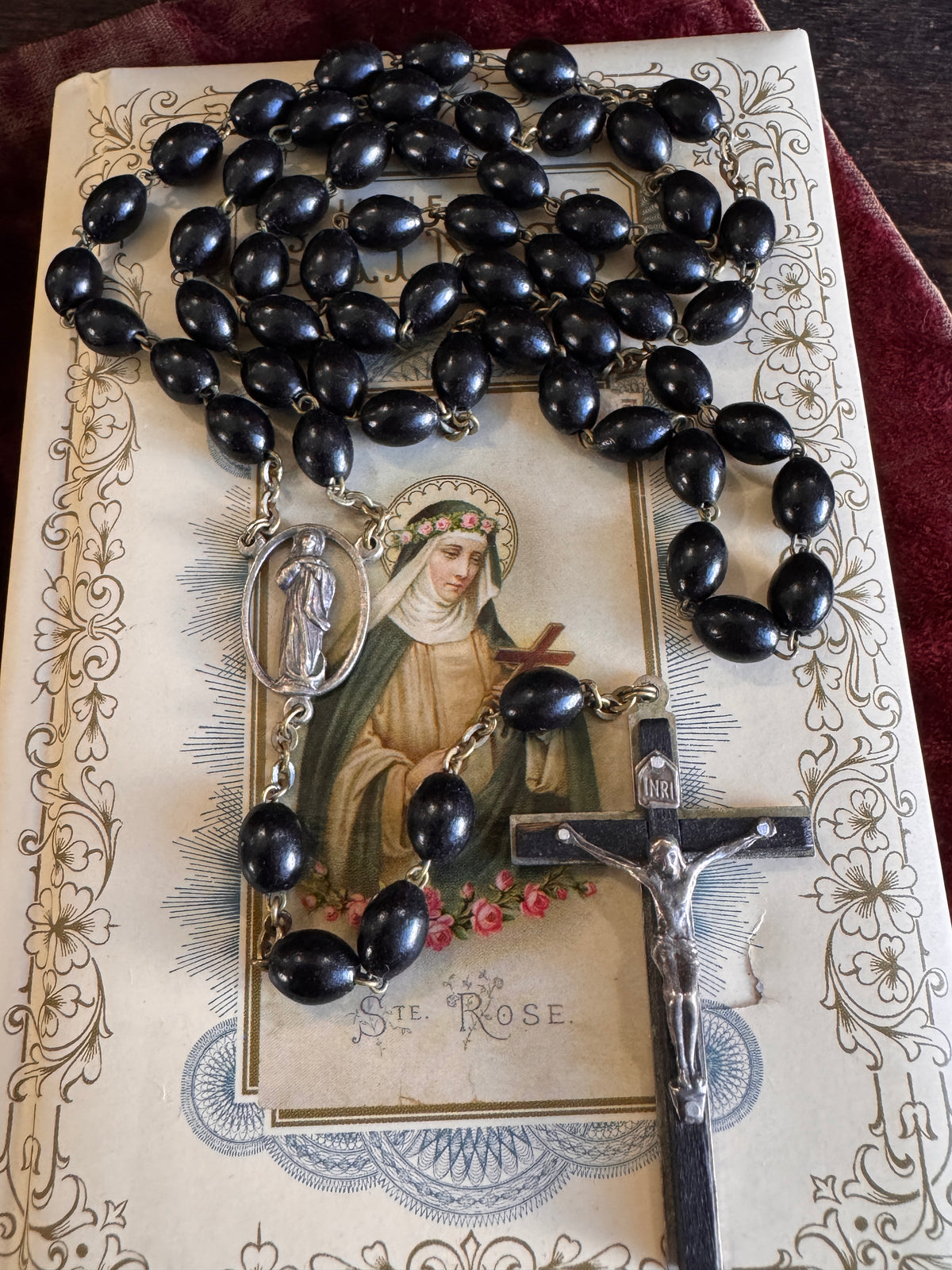 Vintage Italian Ebony Wood Mary Preying Rosary