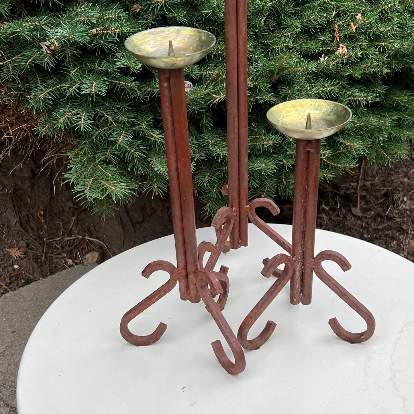 Mid Century Modern Set of Three Hand Forged Iron & Brass Candle Holders