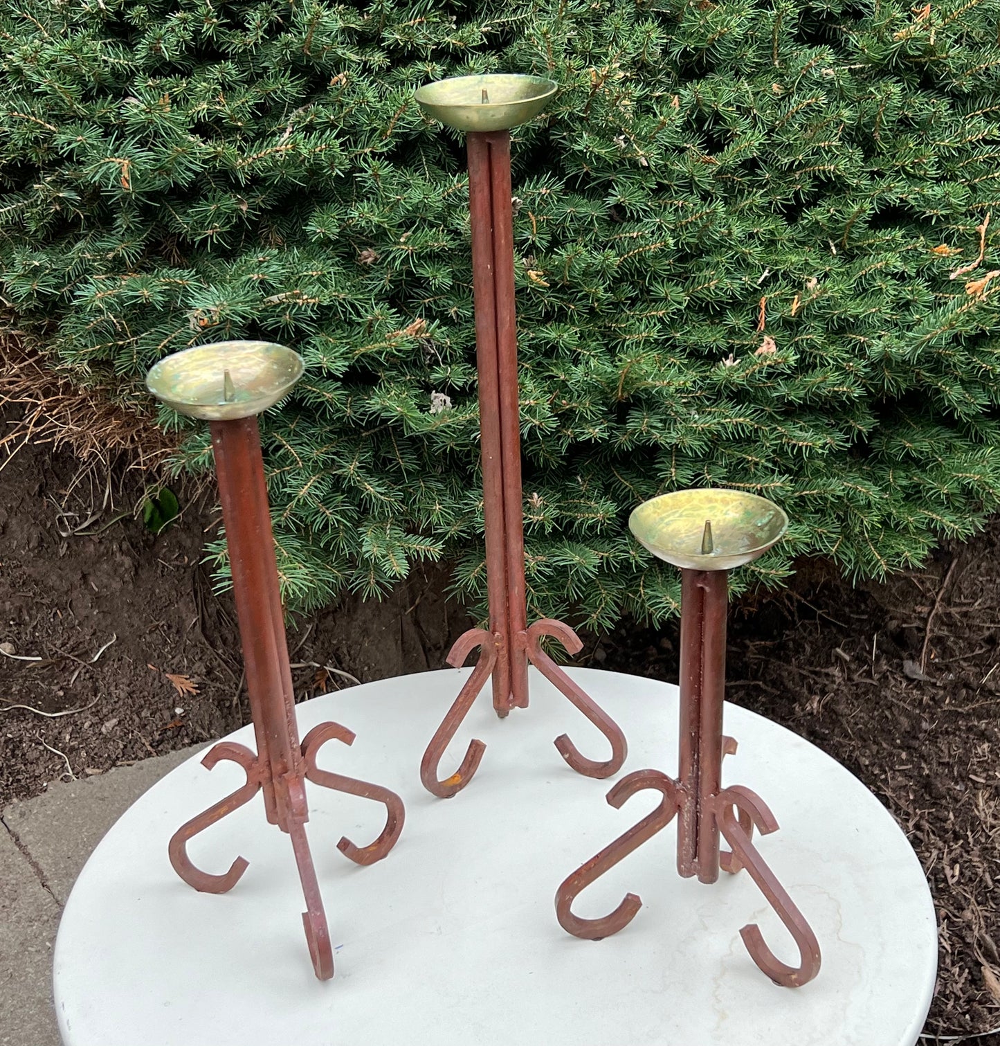 Mid Century Modern Set of Three Hand Forged Iron & Brass Candle Holders