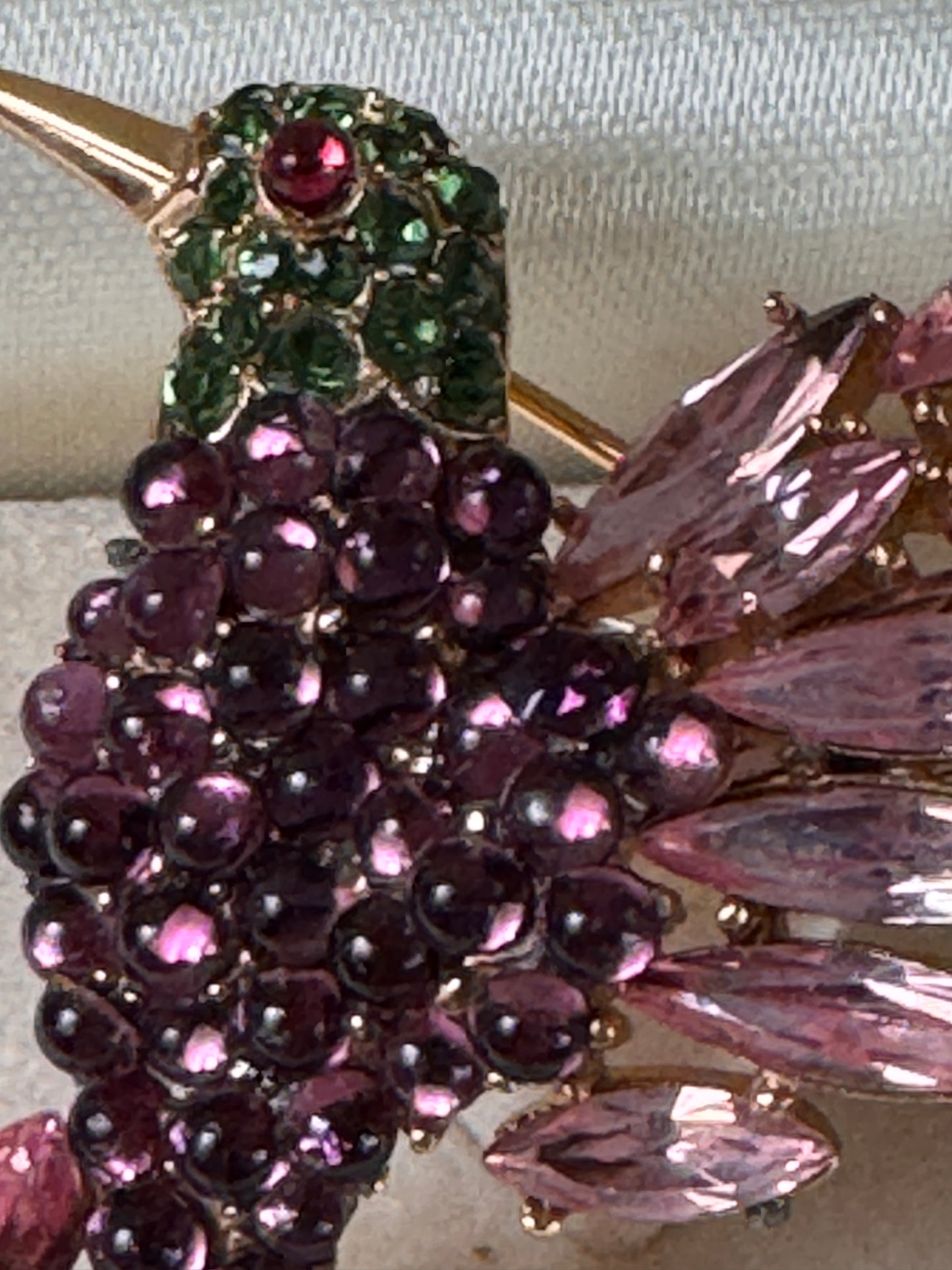 Crown Trifari Pink & Purple Rhinestone Hummingbird Brooch — Vintage Mid-Century Statement Pin