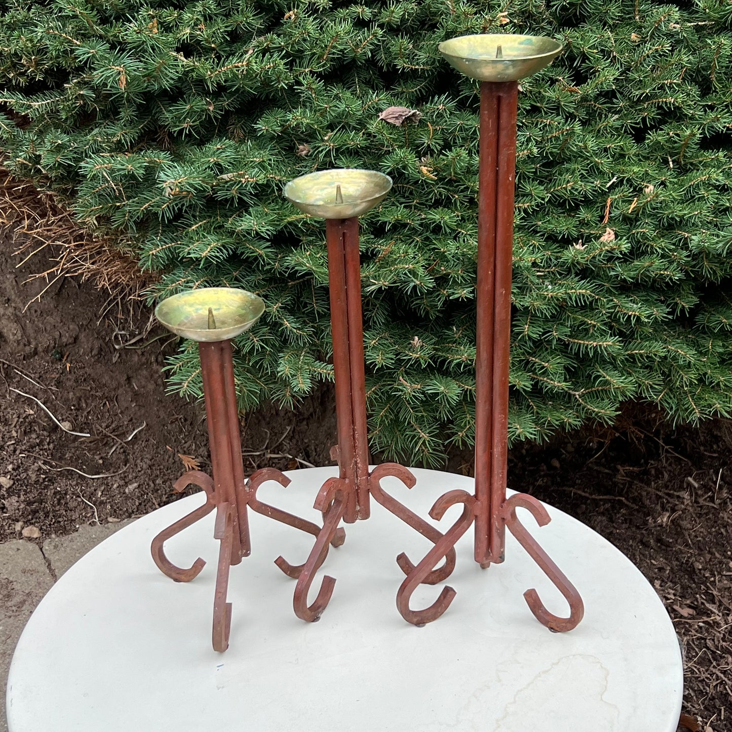 Mid Century Modern Set of Three Hand Forged Iron & Brass Candle Holders