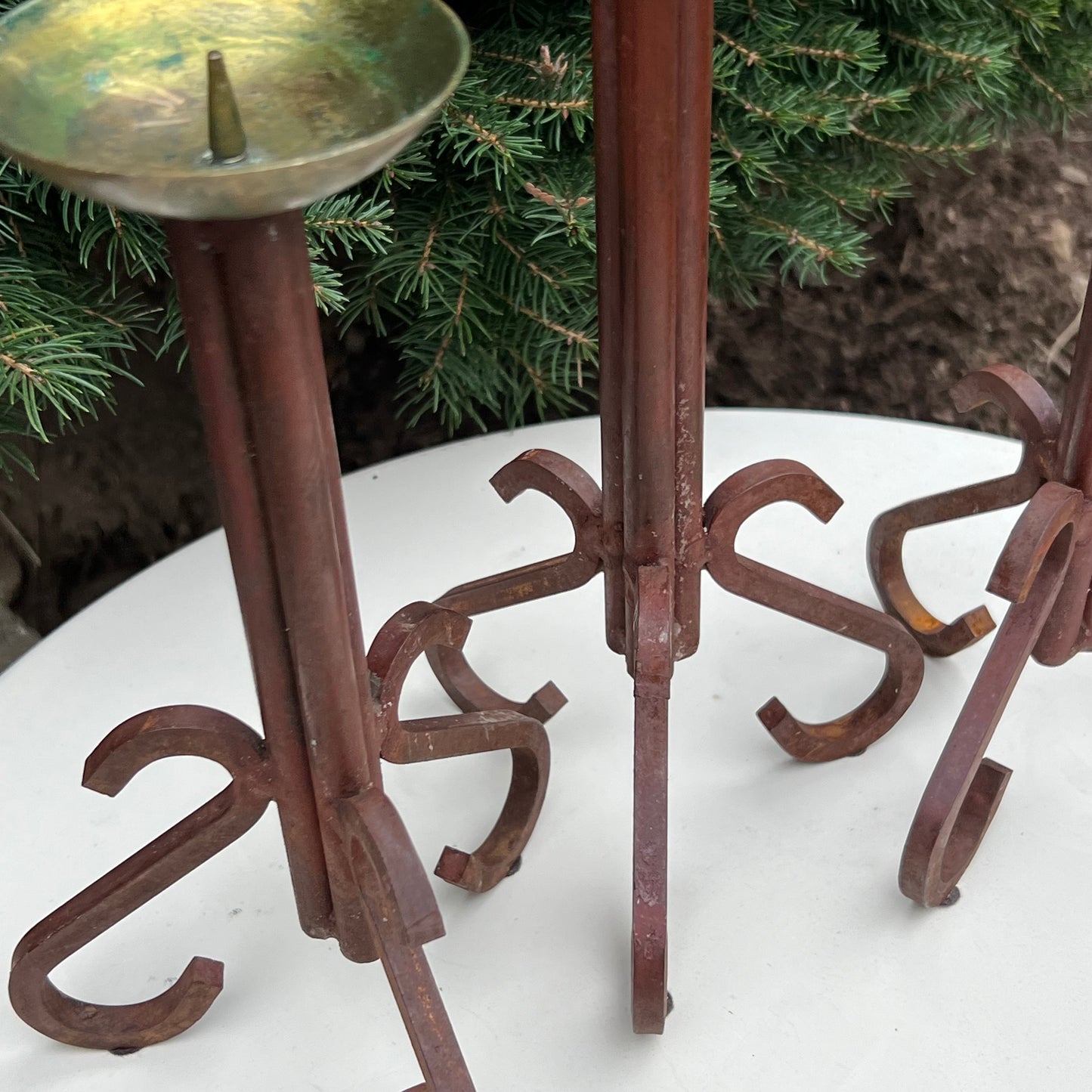 Mid Century Modern Set of Three Hand Forged Iron & Brass Candle Holders