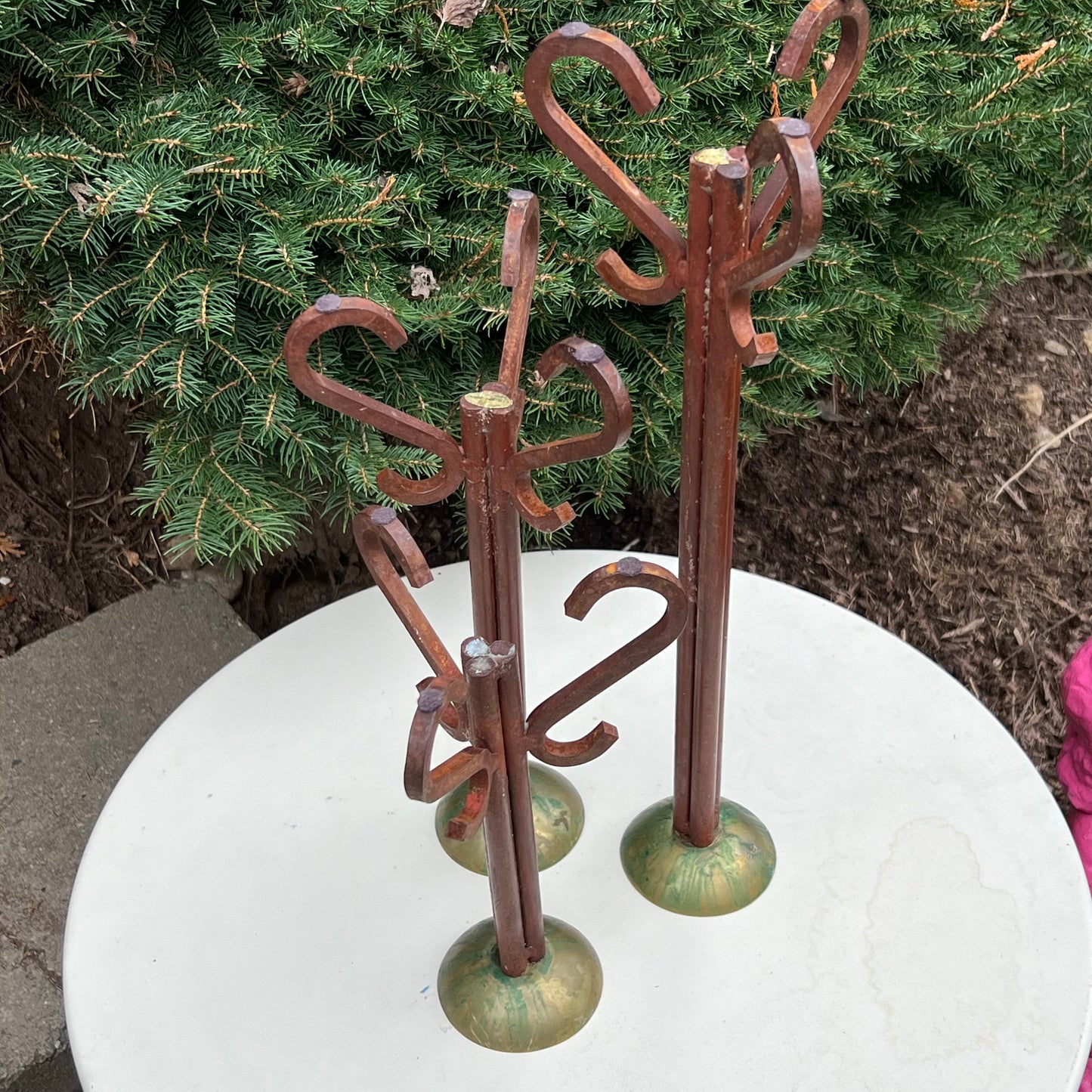 Mid Century Modern Set of Three Hand Forged Iron & Brass Candle Holders