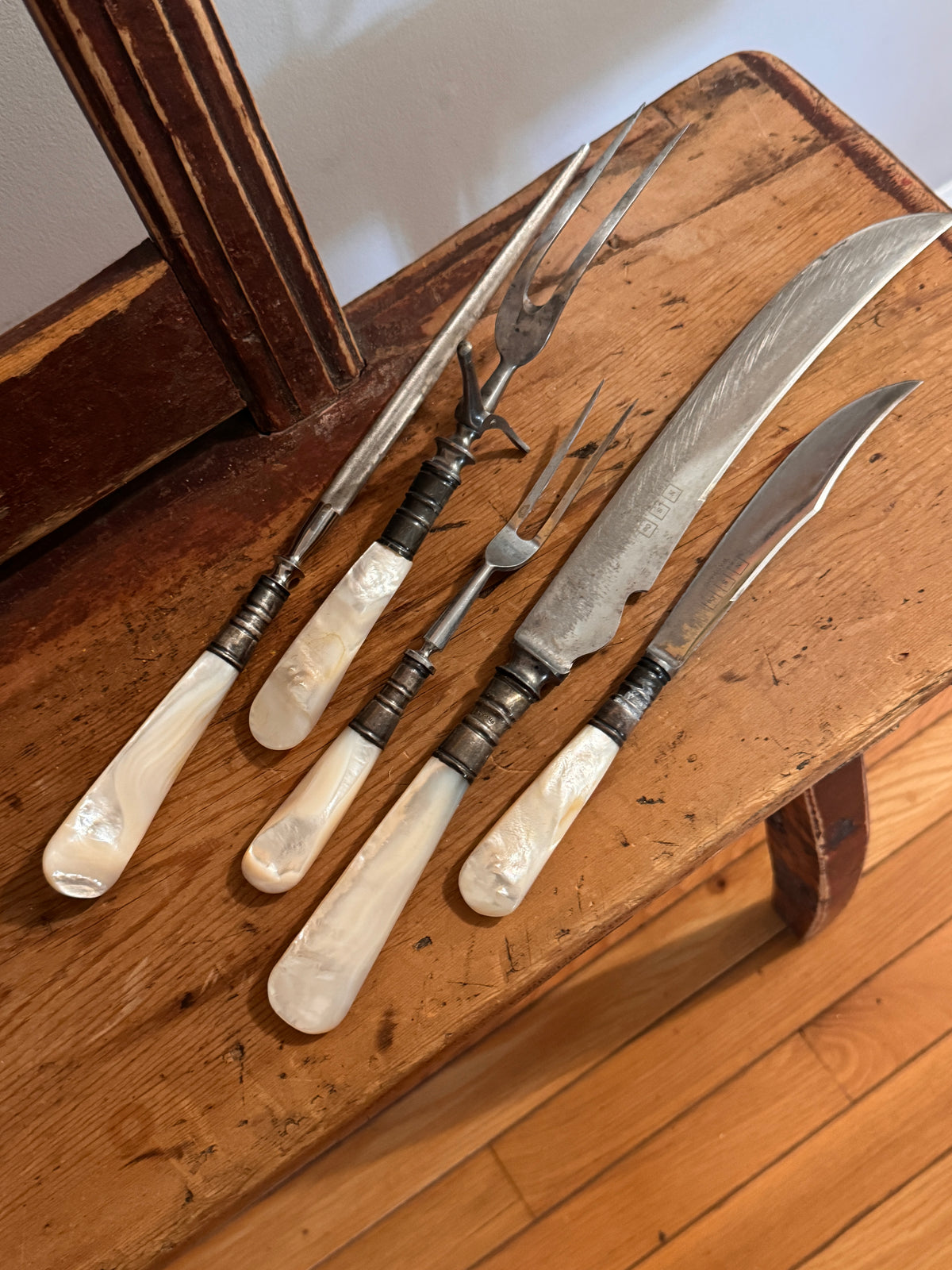 Antique National Silver Co. 5-Piece Mother-of-Pearl Carving Set with Sterling Ferrules