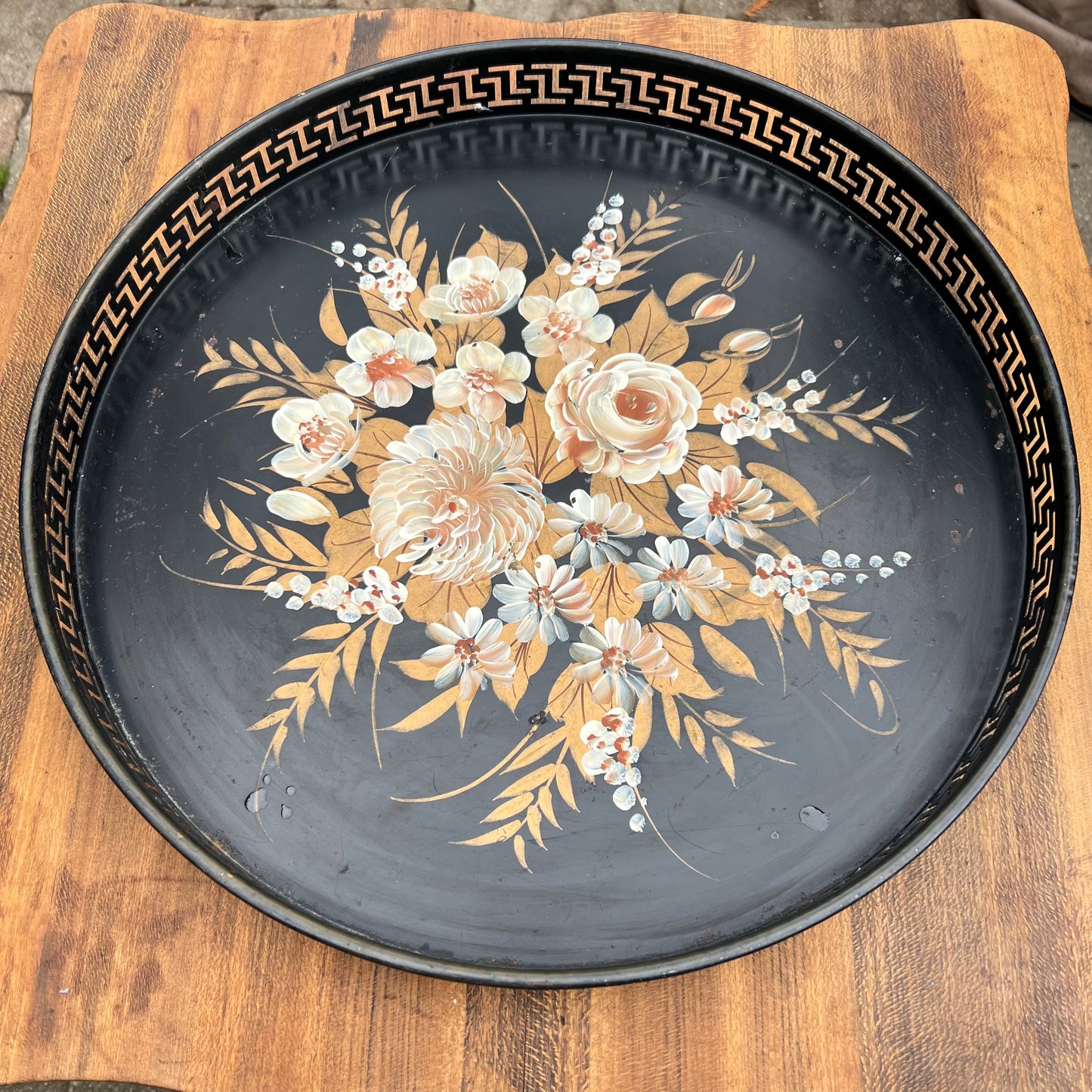 Vintage Hand Painted Round Floral Tole Tray