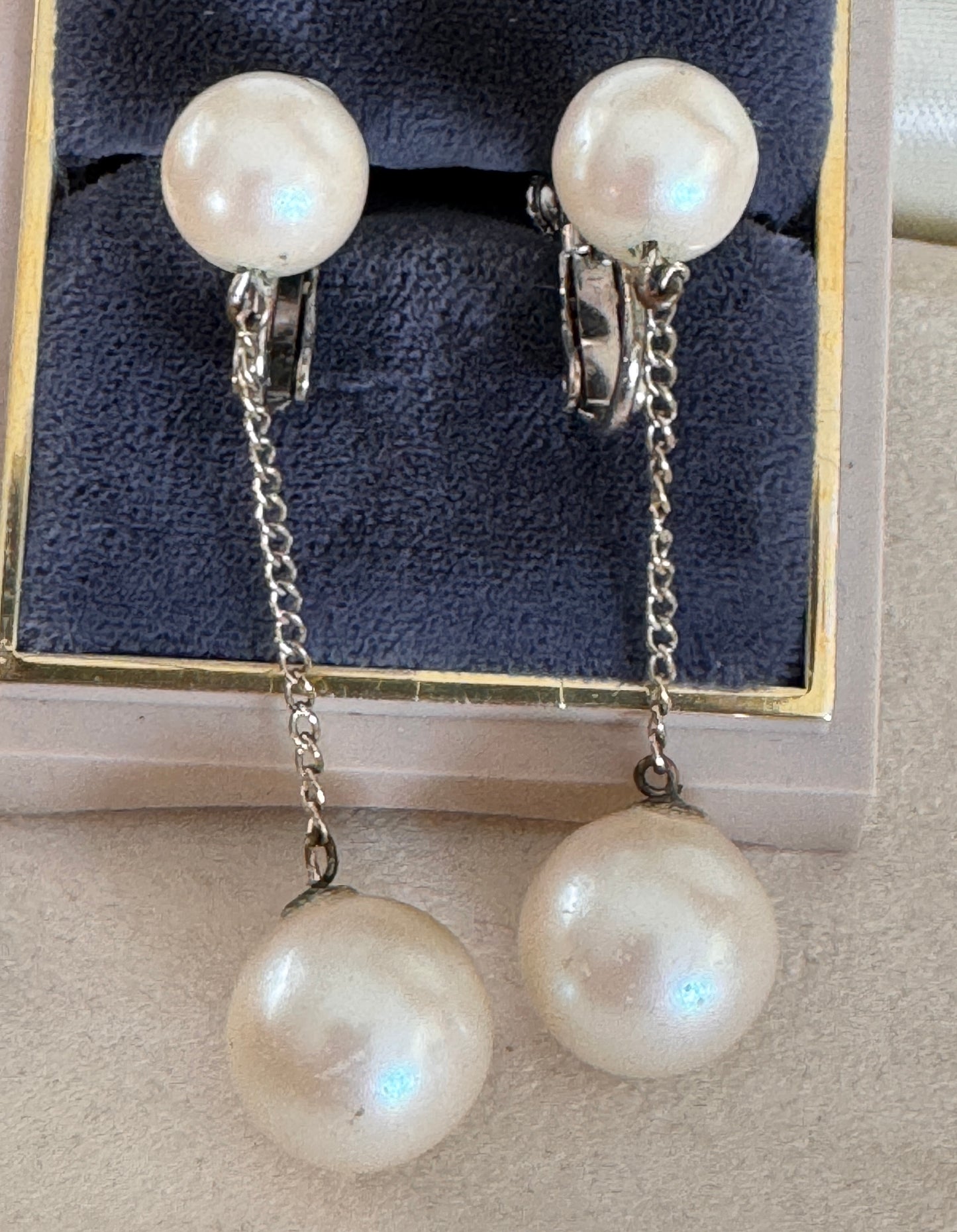 60's Sterling Silver Dangling Faux Pearl Earrings