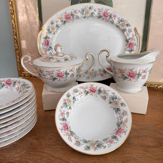 Noritake Nippon Toki Kaisha Floral Japanese Pedestal Sugar Bowl & Creamer 10 Fruit Bowls