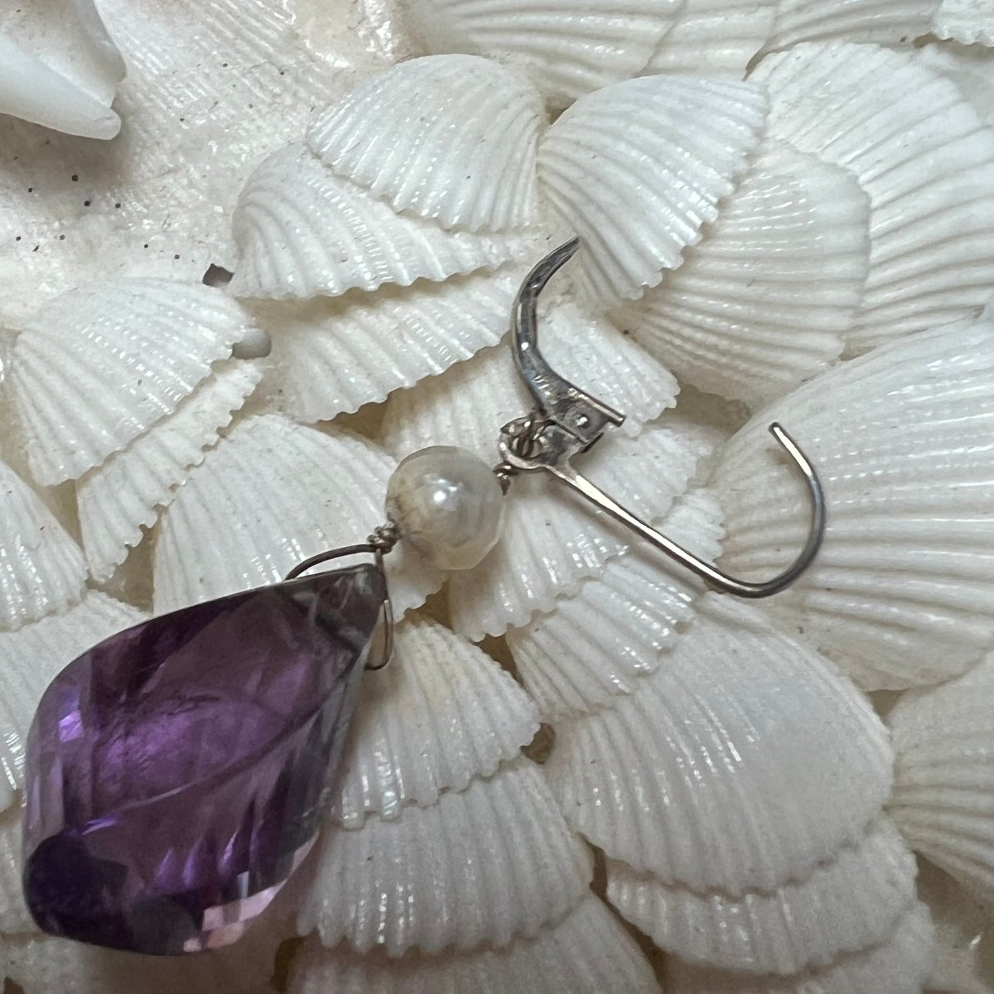 Vintage Sterling Silver Amethyst Semi Precious Gemstone & Cultured Pearl Lever Back Earrings