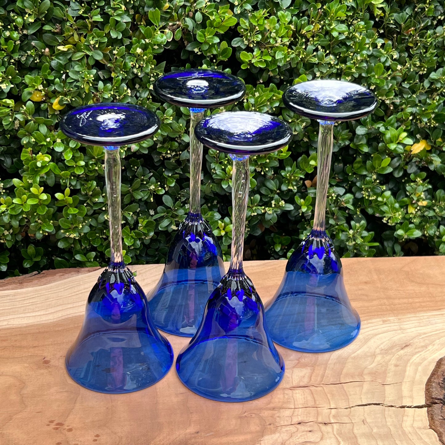 Four Rick Strini Cobalt Blue & Clear Handblown Art Glass Wine Glasses