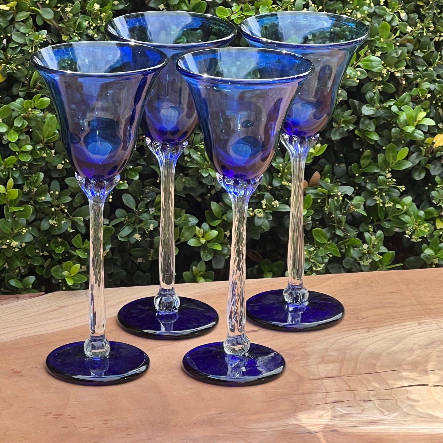 Four Rick Strini Cobalt Blue & Clear Handblown Art Glass Wine Glasses