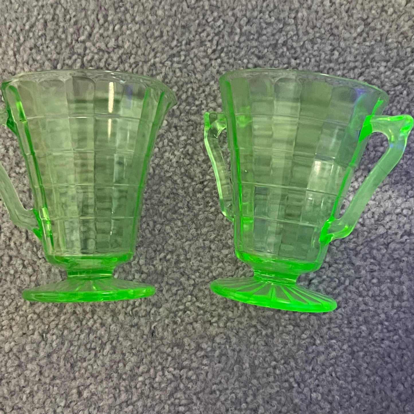 Green Depression Uranium Glass Block Optic Creamer & Sugar