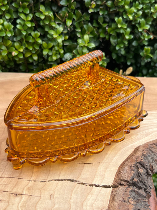 Amber Hued Depression Glass Lidded Flat Iron Candy Dish L.G. Wright