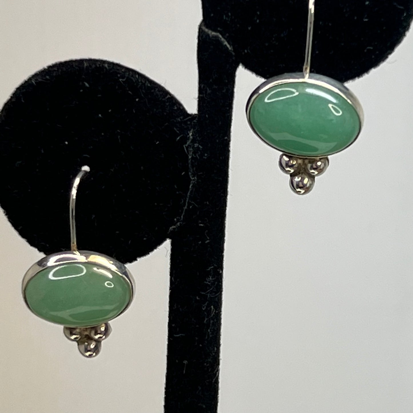 Vintage Sterling Silver & Nephrite Semi Precious Gemstone Pierced French Wire Earrings