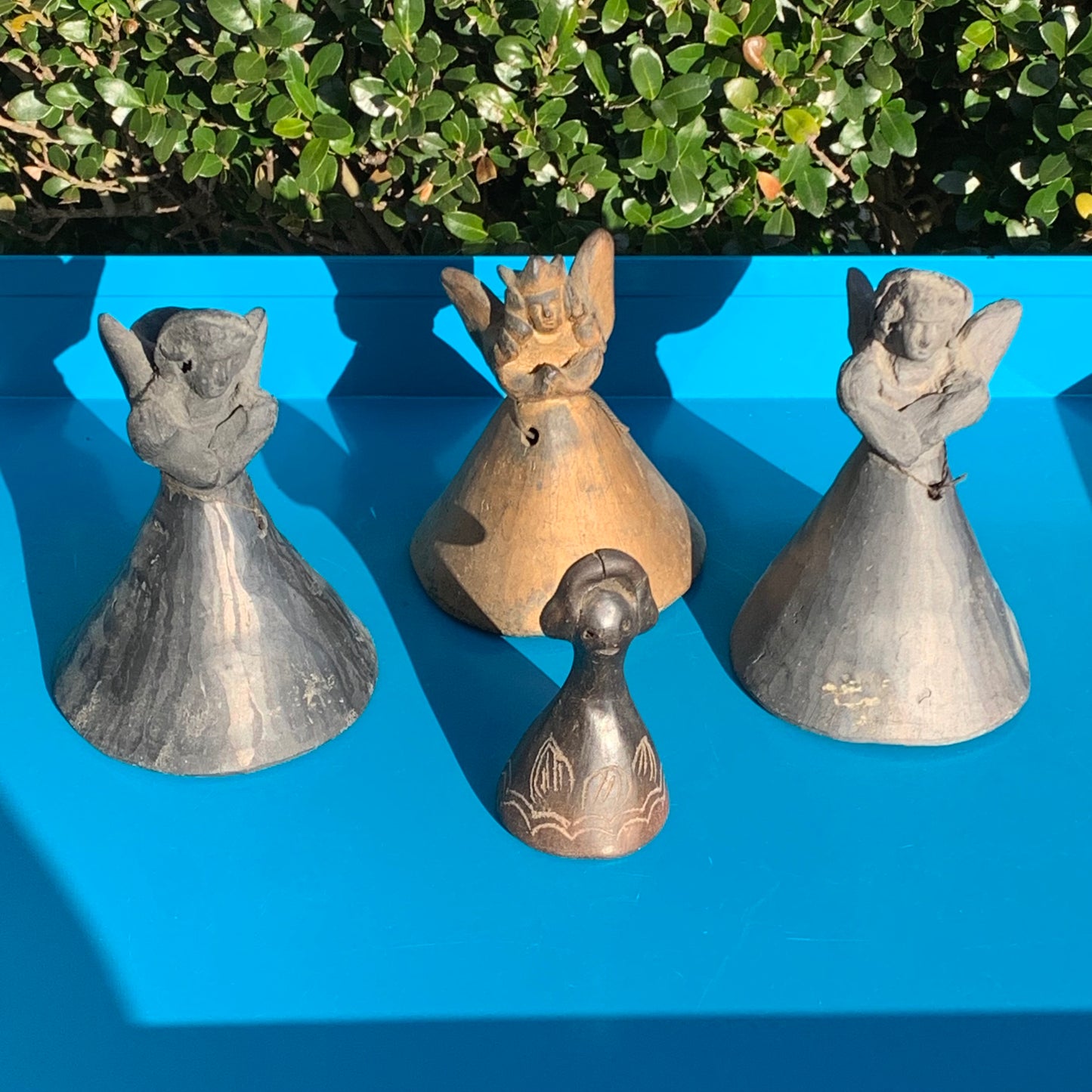 Four Vintage Mexican Oaxaca Pottery Folk Art Angel Lady Bells CandleSticks