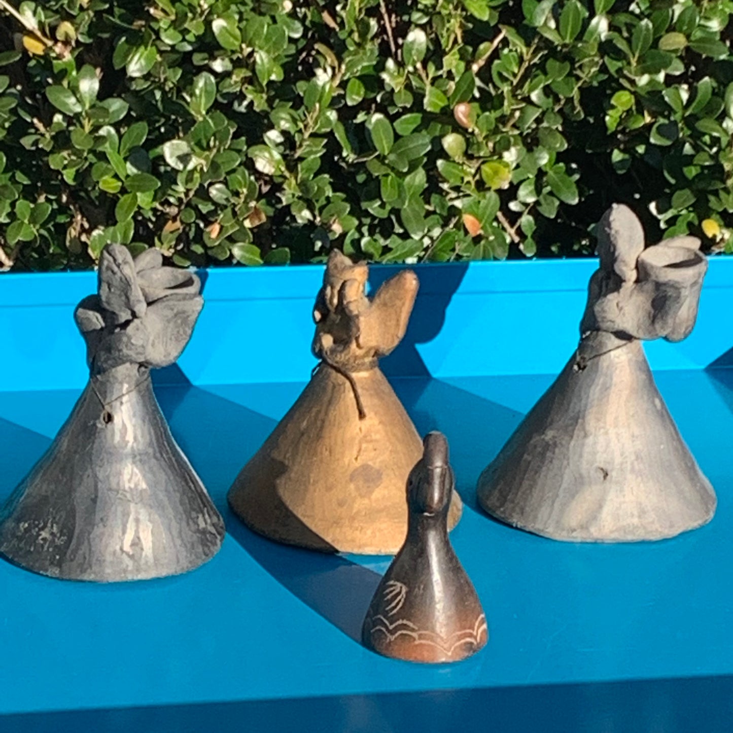 Four Vintage Mexican Oaxaca Pottery Folk Art Angel Lady Bells CandleSticks