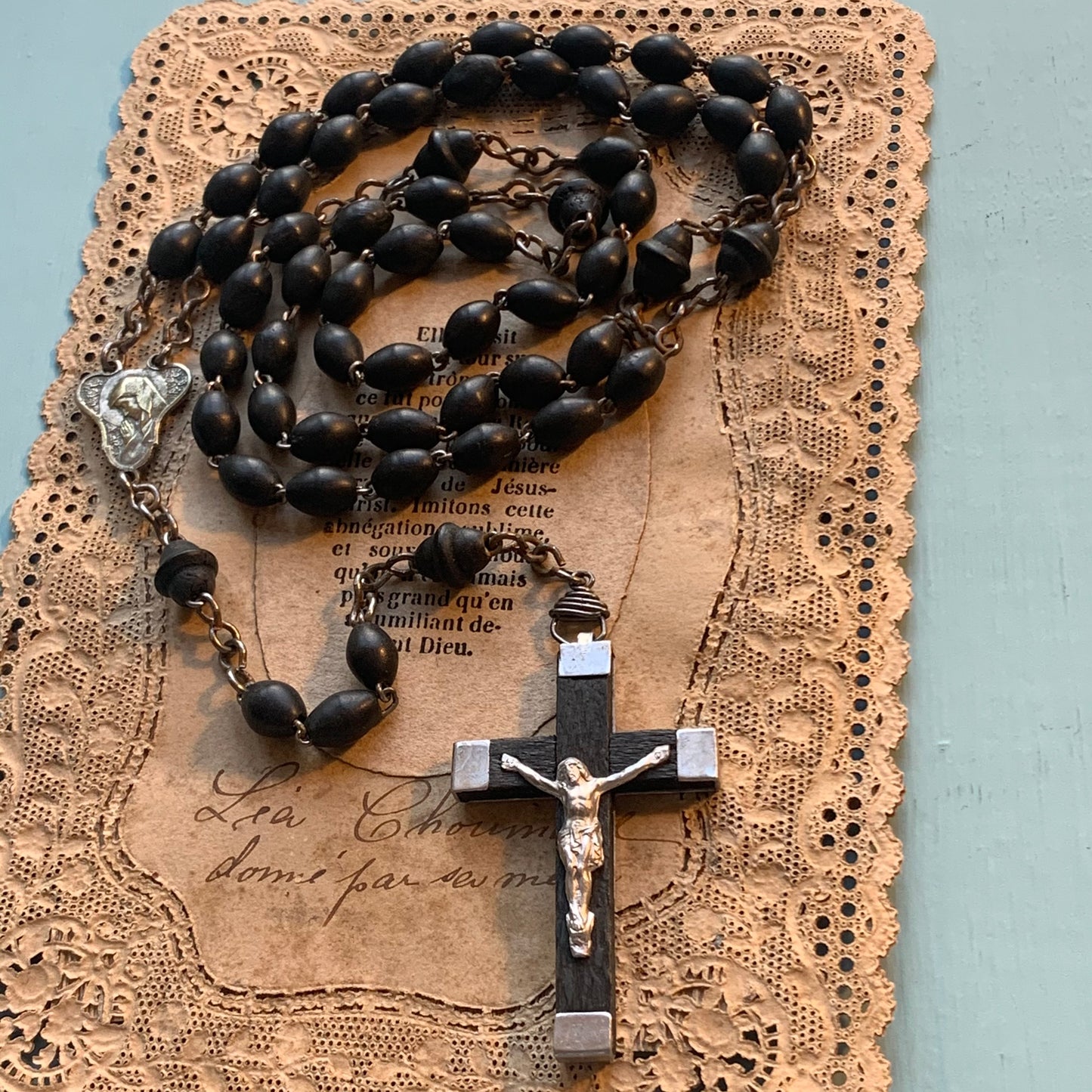 Art Deco French Black Wood Bead Rosary