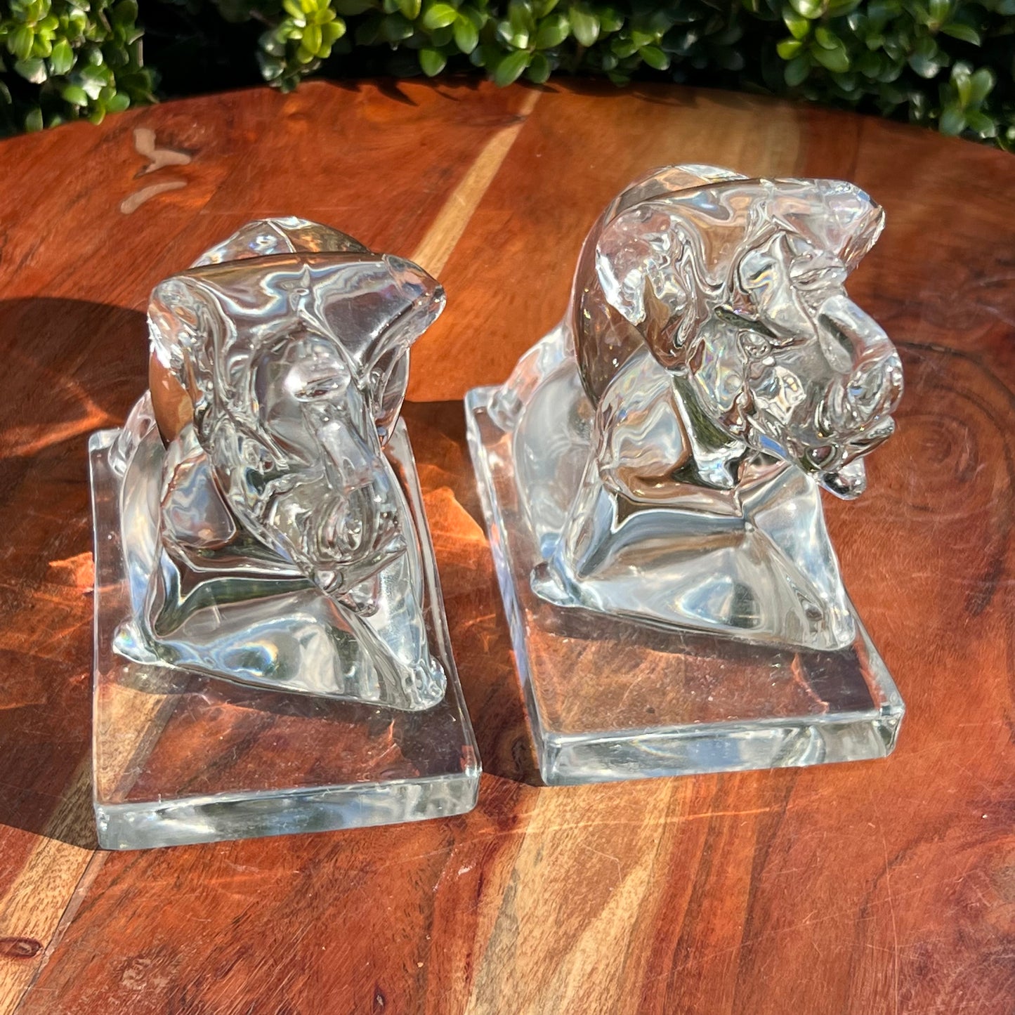 Two Vintage New Martinsville Glass Crystal Elephant Bookends