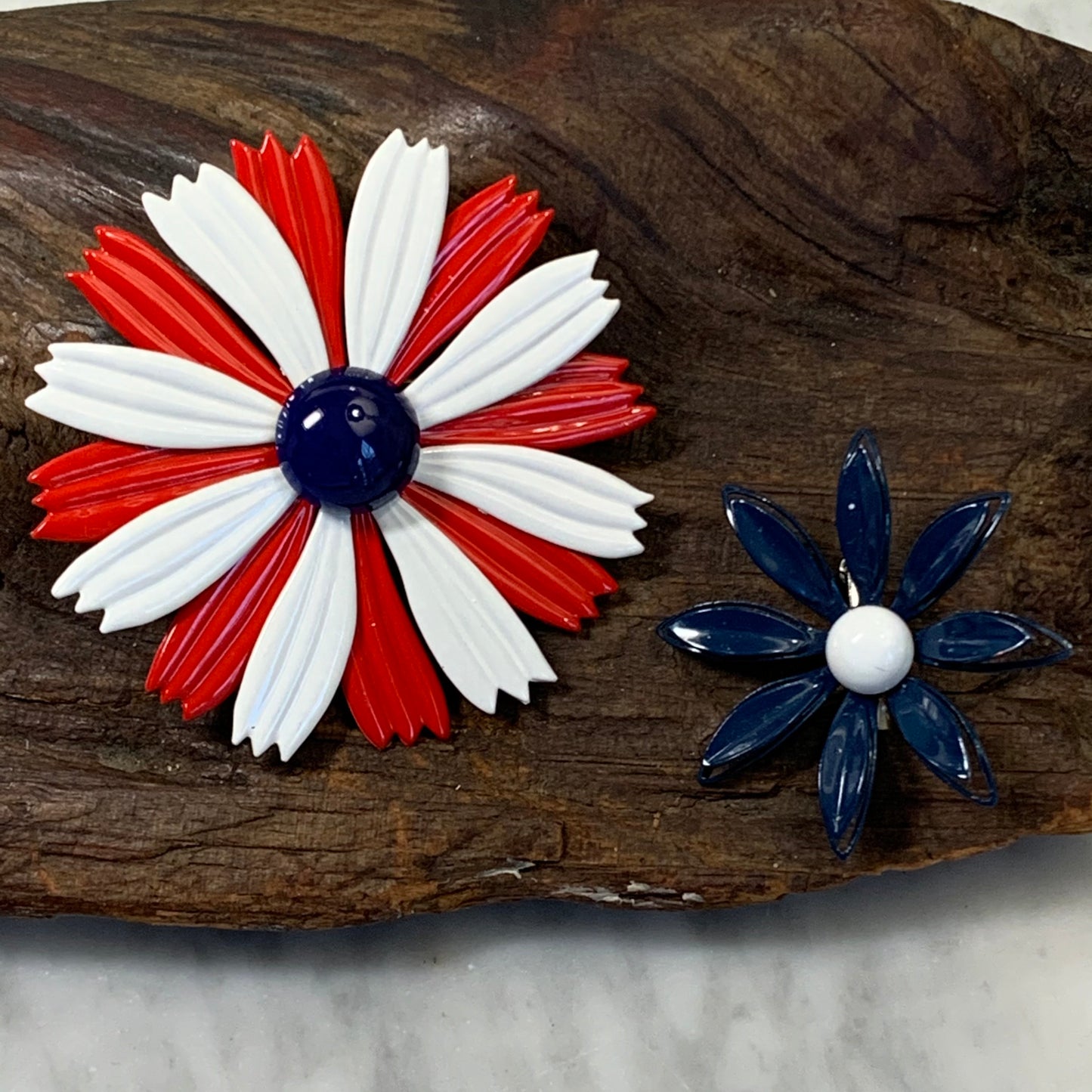 Two Vintage Enamel Flower Pins