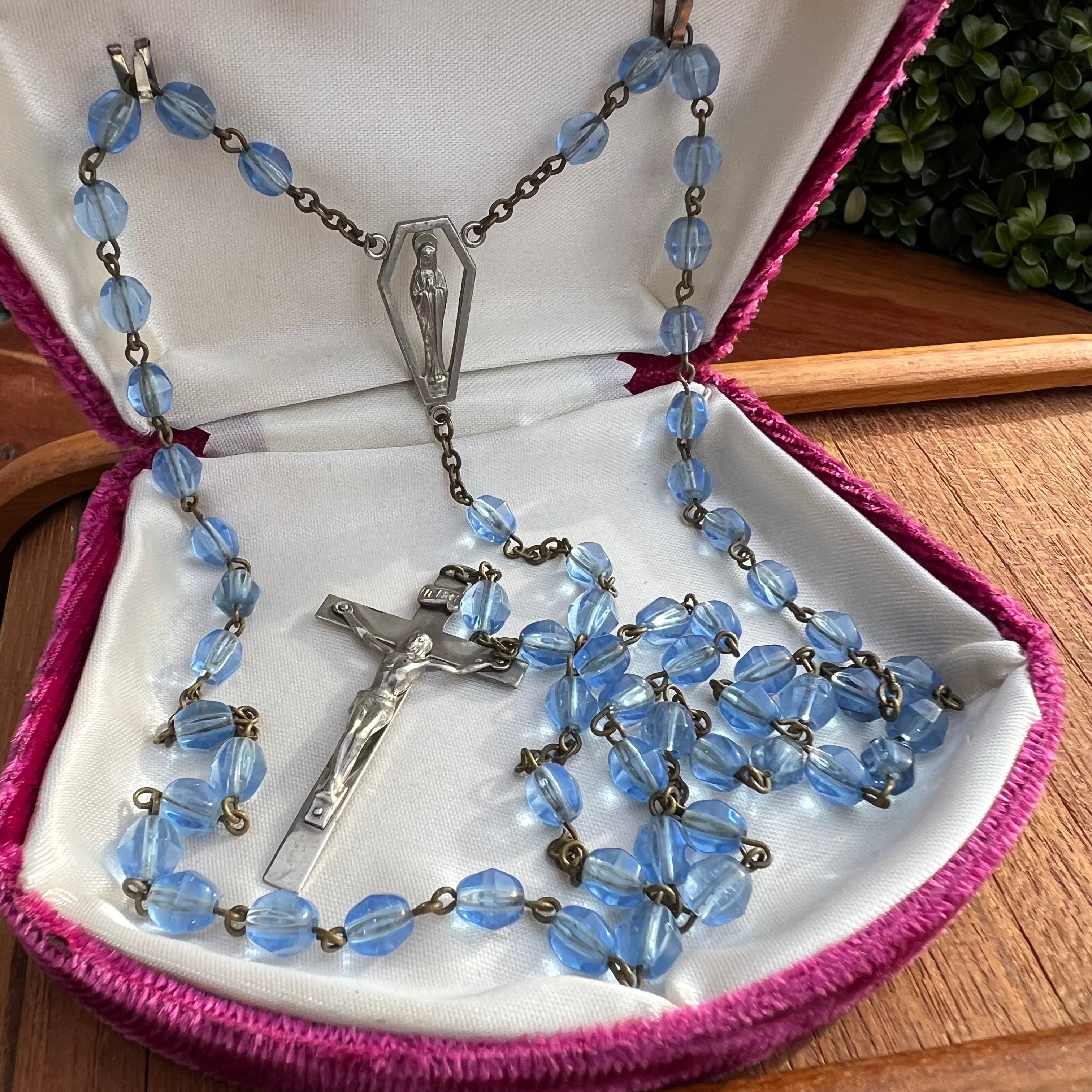 Vintage Blue Glass Beaded Rosary Cross Crucifix good Necklace