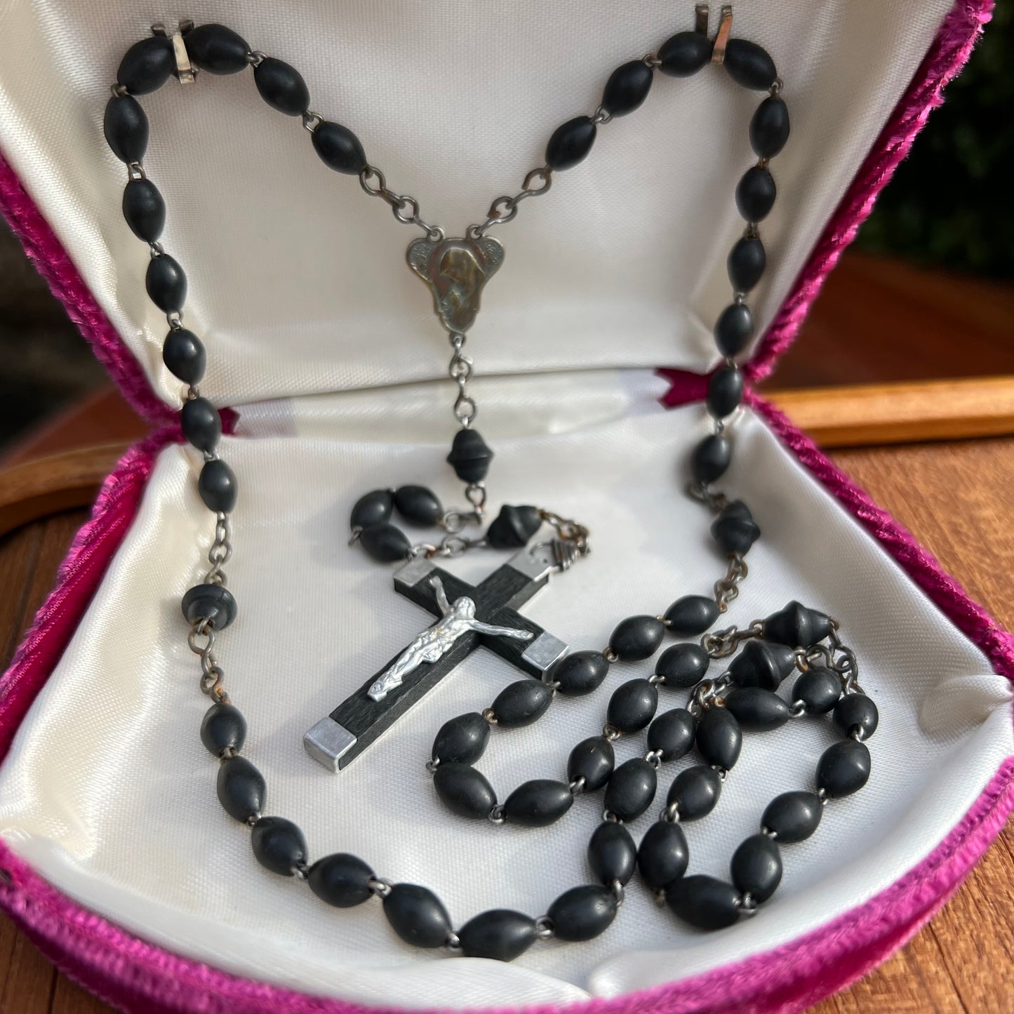 Art Deco French Black Wood Bead Rosary