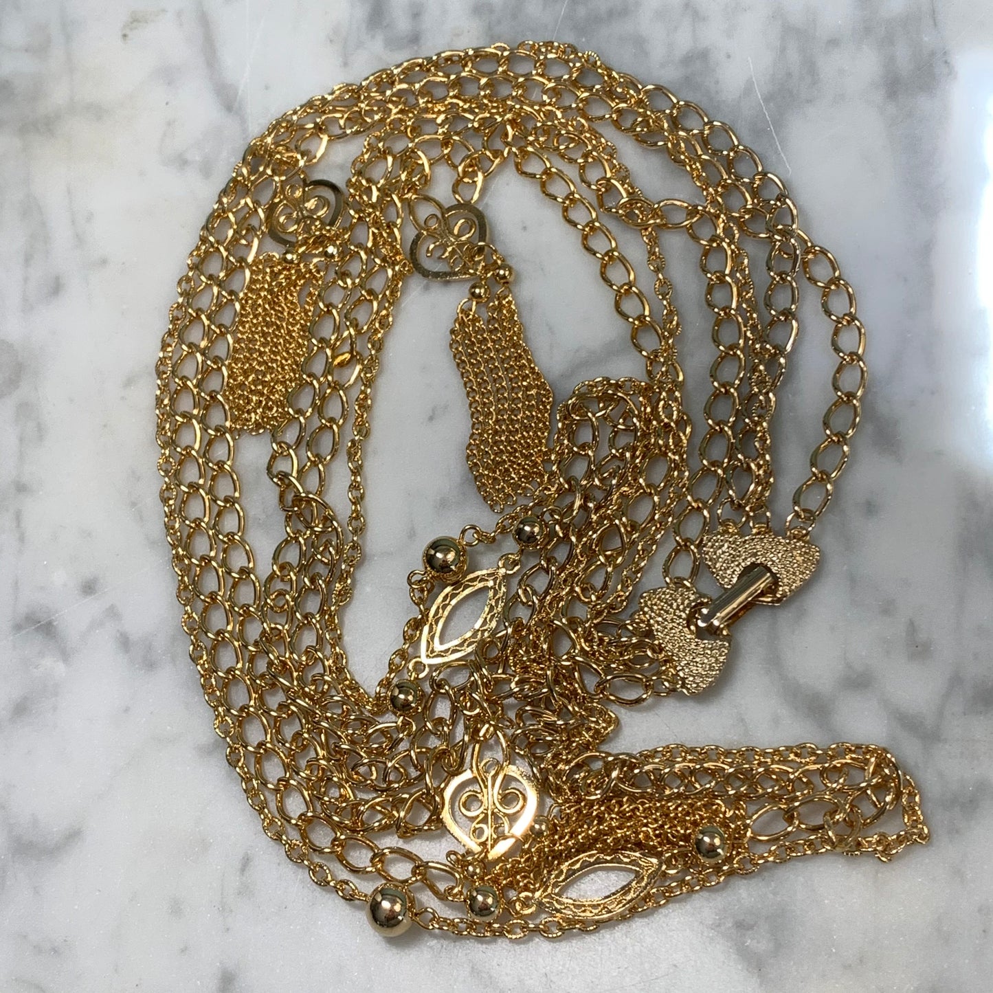 Vintage Triple Strand Gold Tone Metal Pendant Necklace