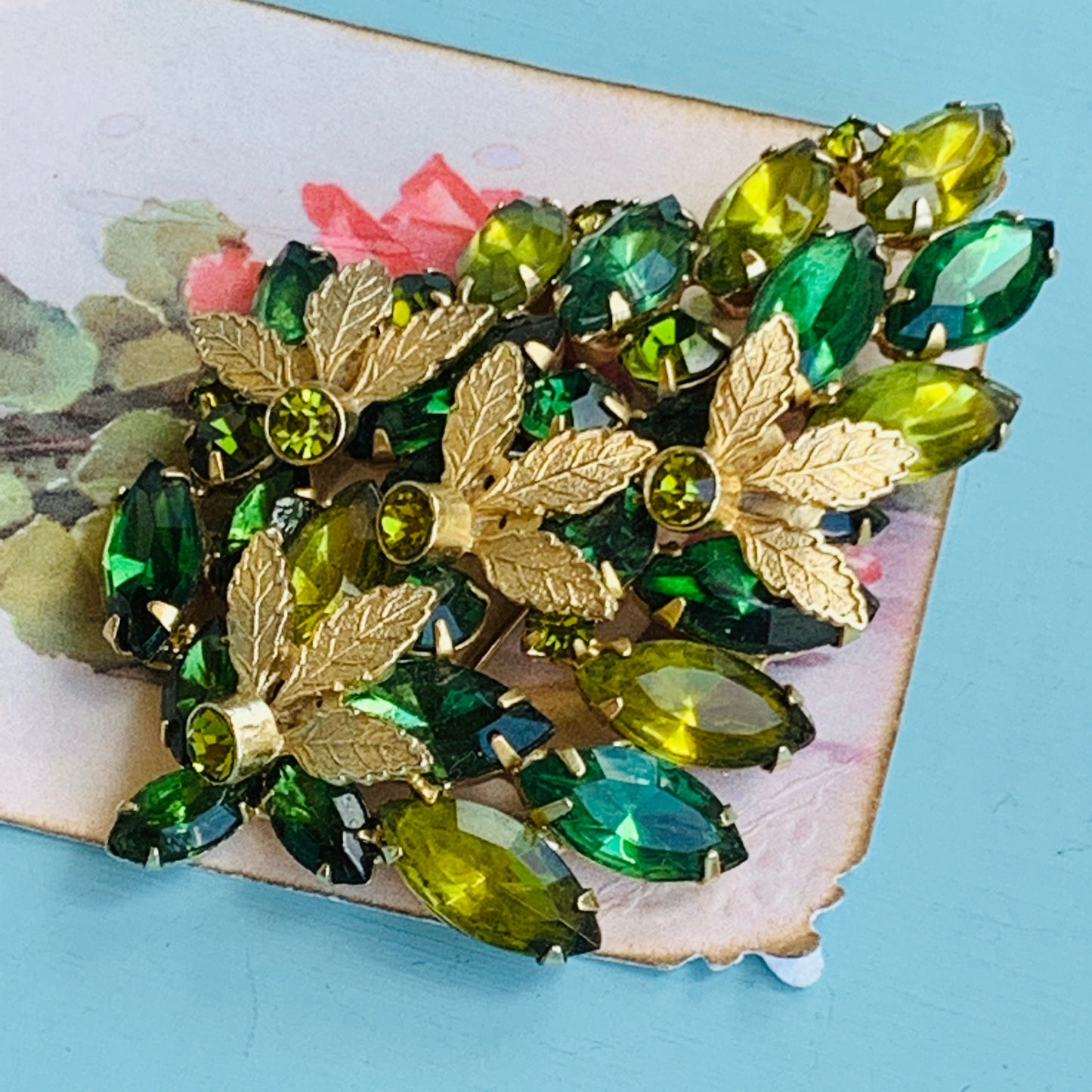 Vintage Emerald & Olive Green Layered Rhinestone Pin