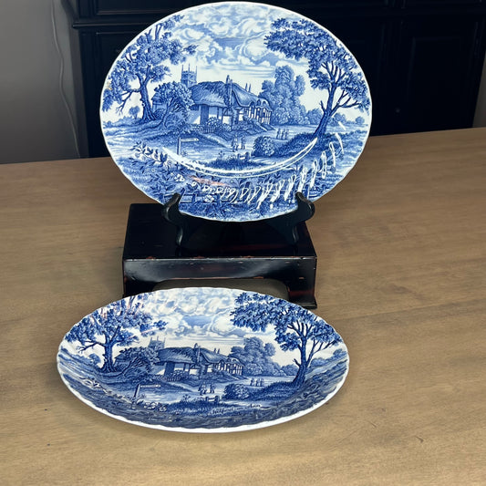 Two Shakespeares County Royal Essex English Ironstone Blue & White Oval Serving Dish