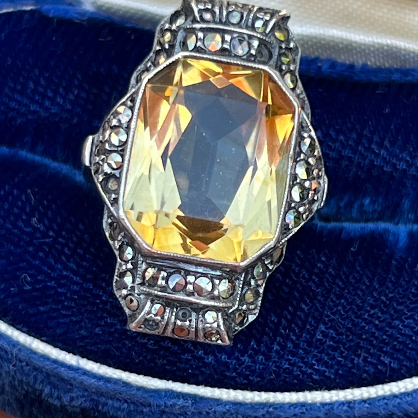Art Deco German Semi Precious Citrine Gemstone & Marcasite Ring Size 5