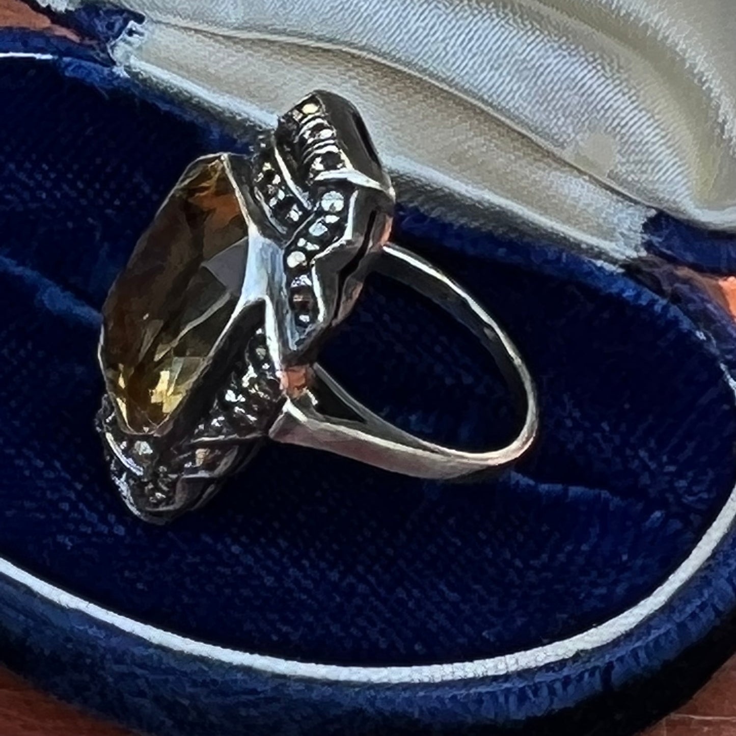 Art Deco German Semi Precious Citrine Gemstone & Marcasite Ring Size 5