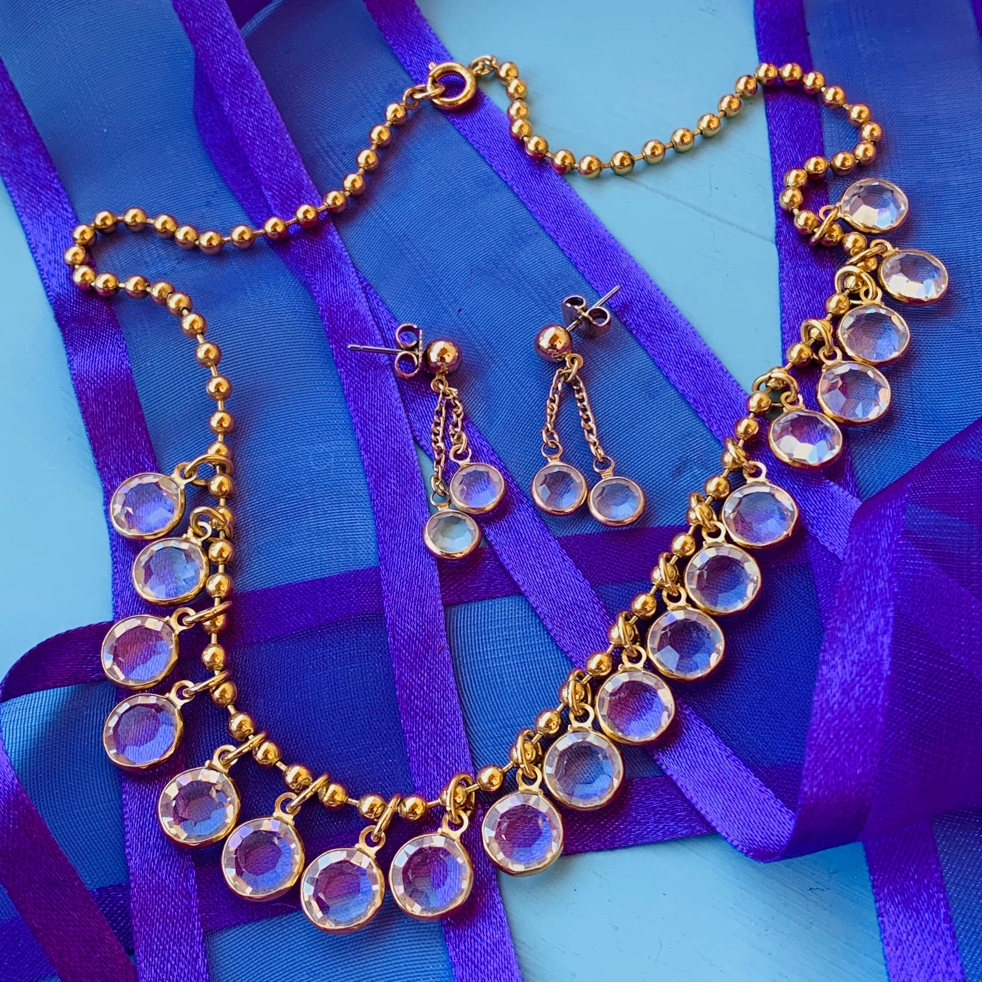 Vintage Ball Chain Bezel Set Round Crystal Necklace & Pierced Earring Set